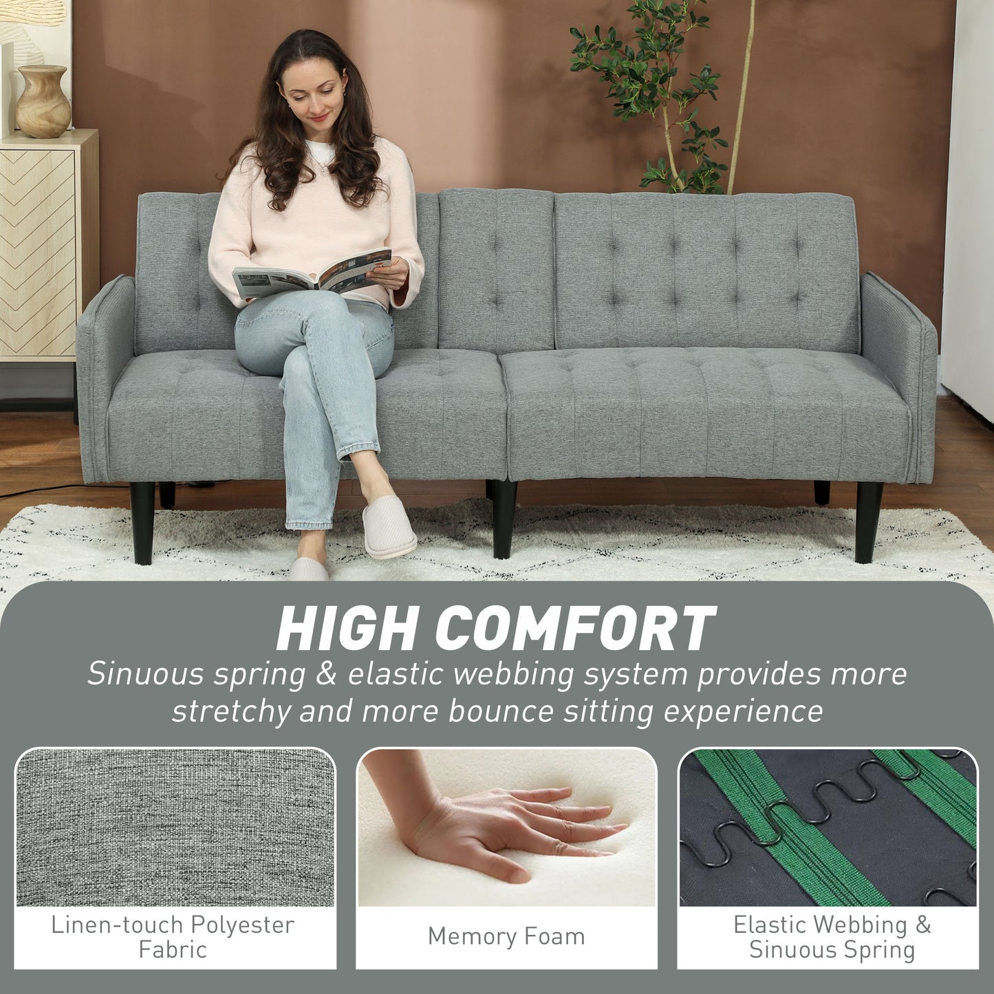 HOMCOM Three Seater Sofa Bed With Cupholders Light Grey For Small Spaces And Guest Overnight Comfort