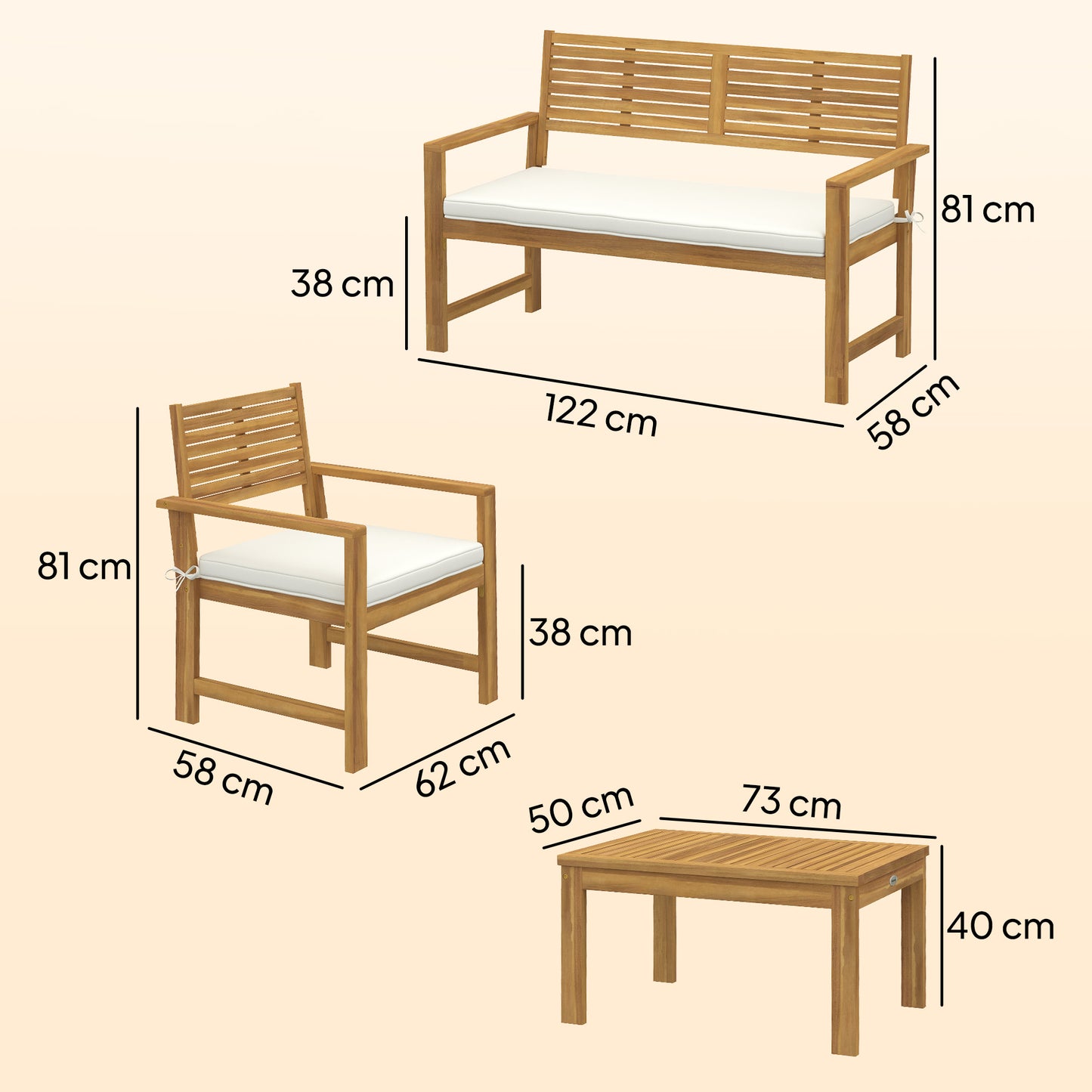 Outsunny 4 Seater Wooden Garden Furniture Set With Loveseat Armchairs And Table In Acacia Wood Cream White