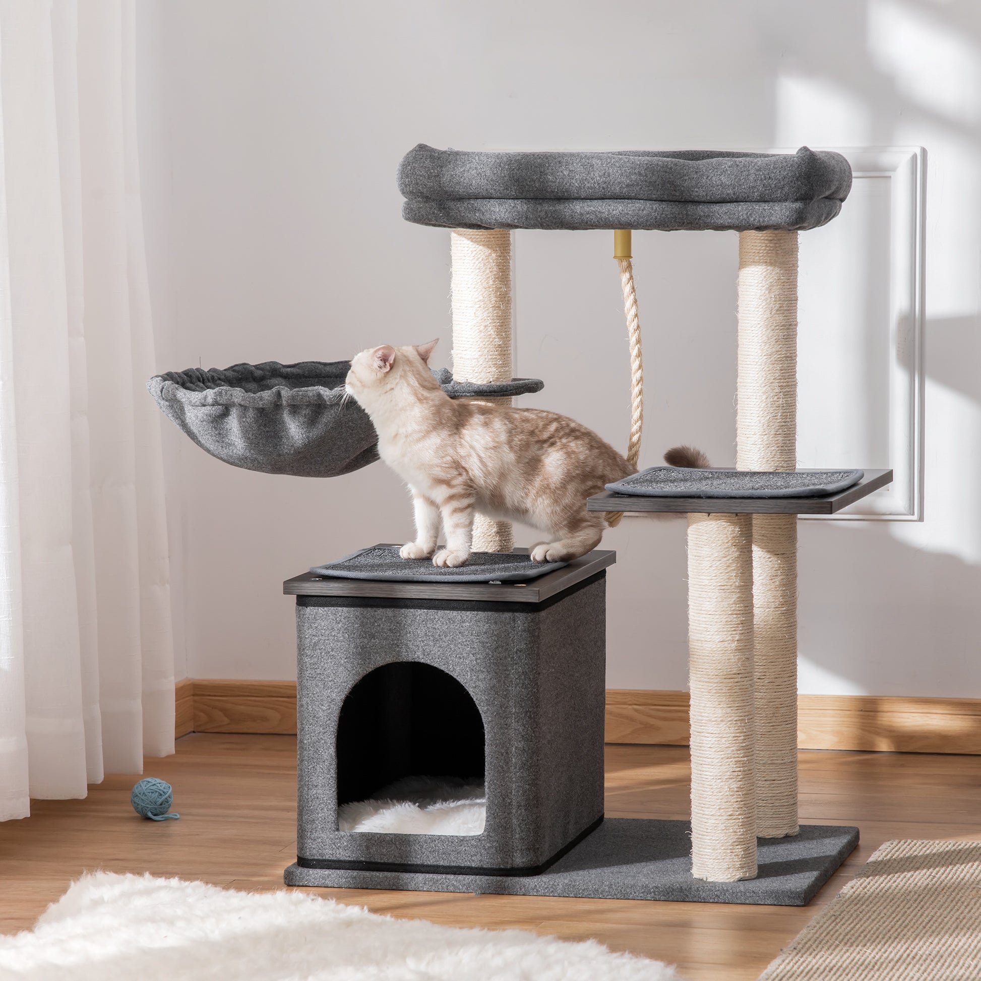 PawHut Indoor Cat Tower Activity Center with Scratching Post, Condo, and Perches - Dark Grey 60 x 40 x 83cm - ALL4U RETAILER LTD