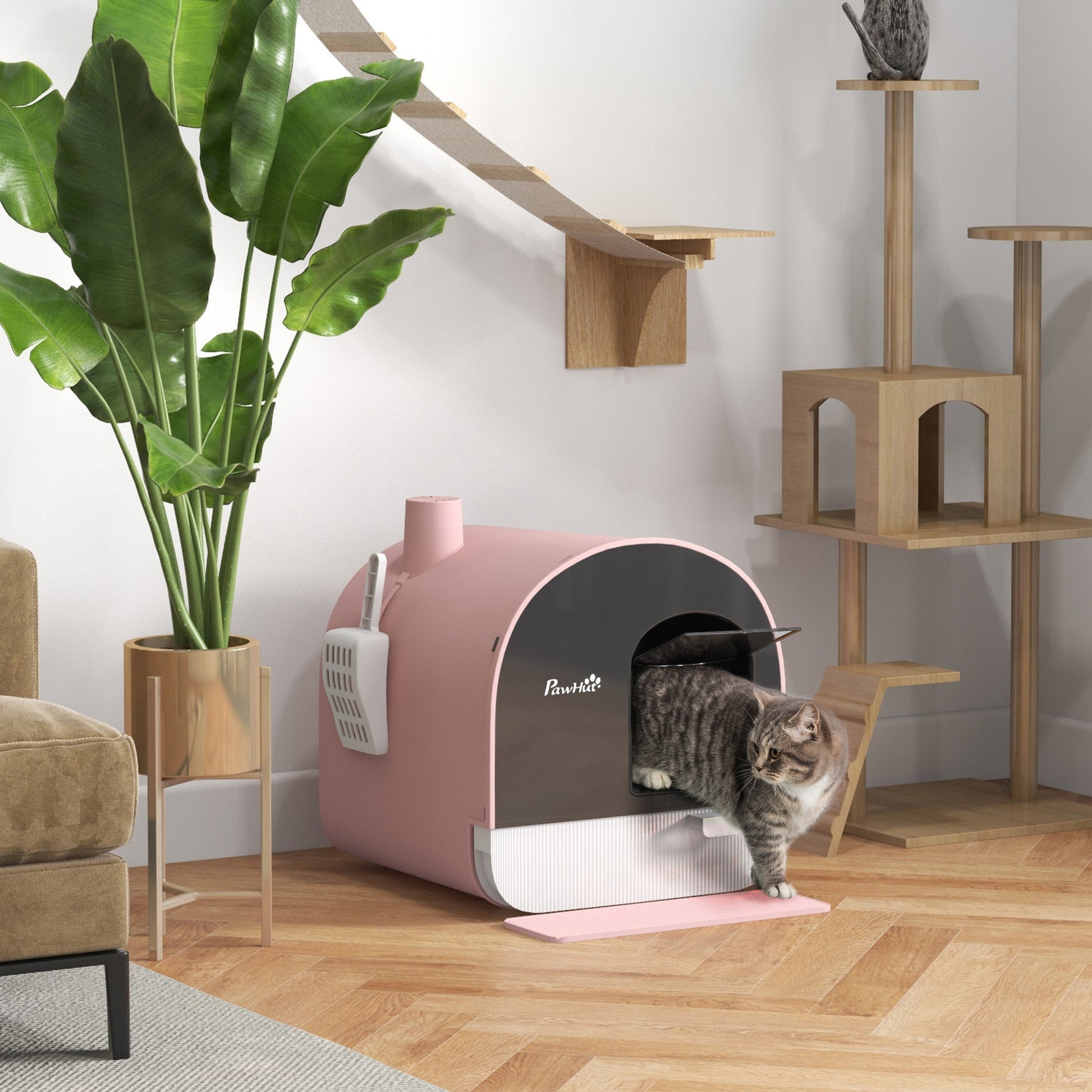 PawHut Enclosed Cat Litter Box with Lid and Scoop - Pink Litter Tray for Kittens - ALL4U RETAILER LTD