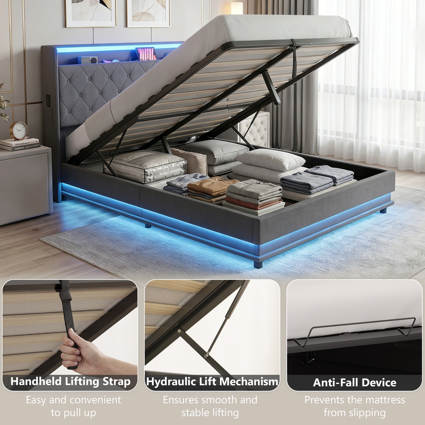 HOMCOM 4ft6 Double Bed Frame With Headboard And Hydraulic Storage LED Lights And USB Charging Station Grey