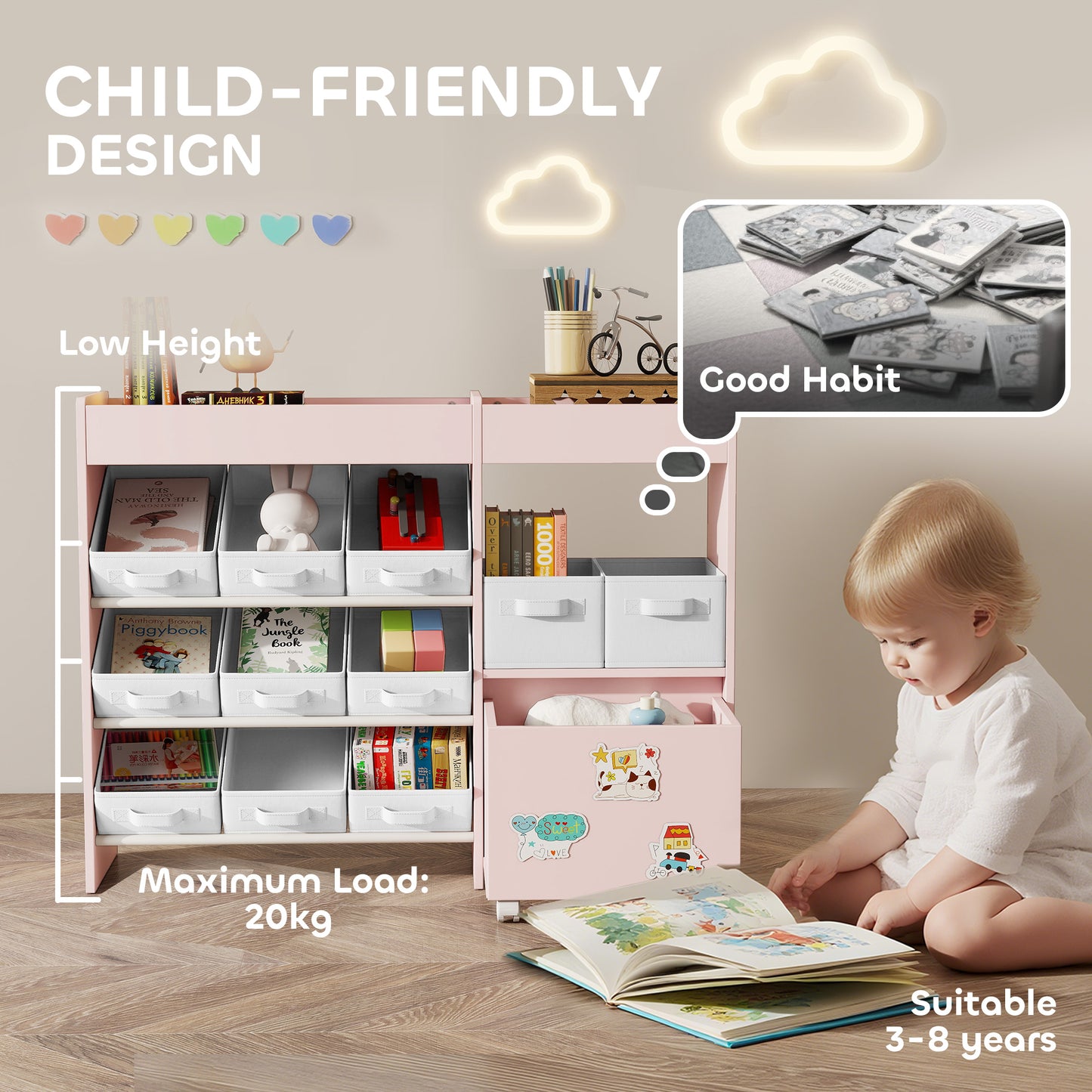 AIYAPLAY Kids Toy Storage Unit With 11 Fabric Bins Cabinet Top Shelves And 3 Stickers Pink For Nursery Playroom