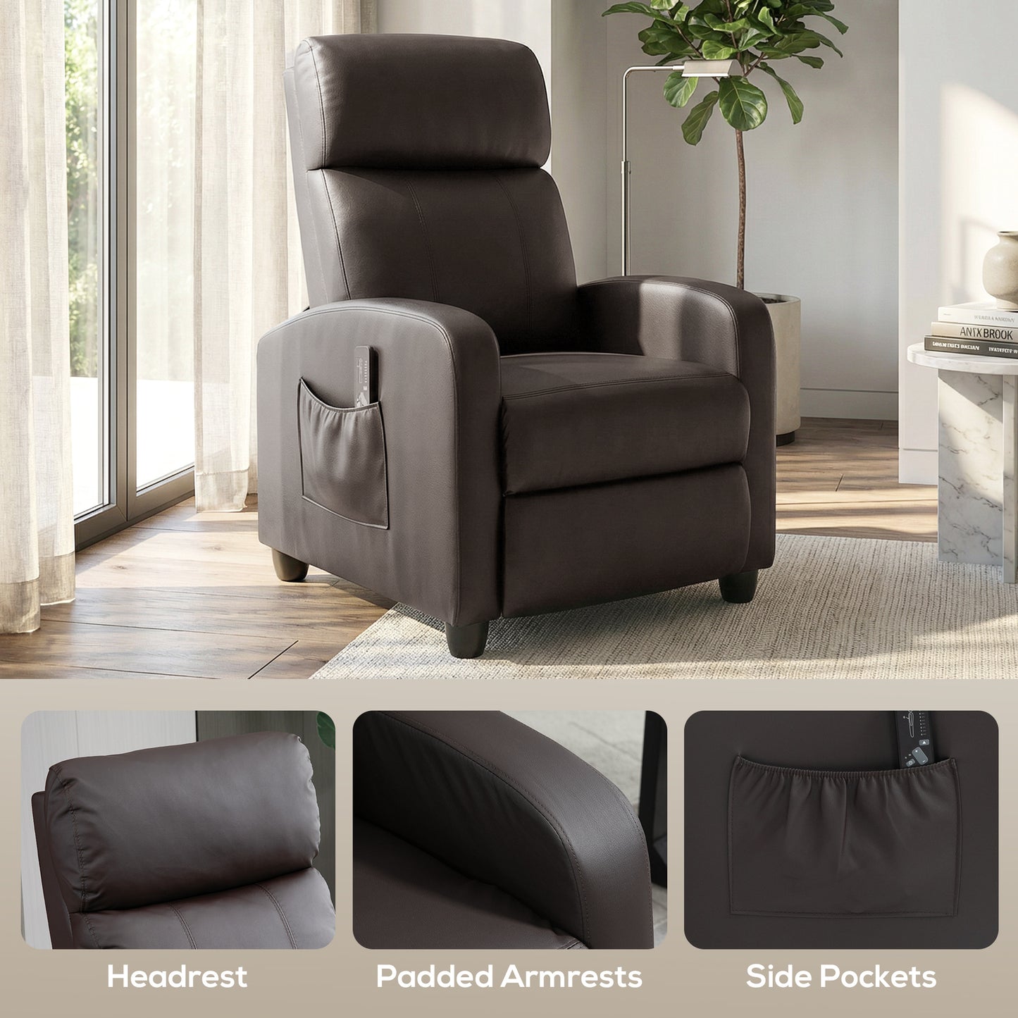 HOMCOM Massage Recliner Armchair Faux Leather Push Back Chair With Adjustable Leg Rest And Side Pocket Brown