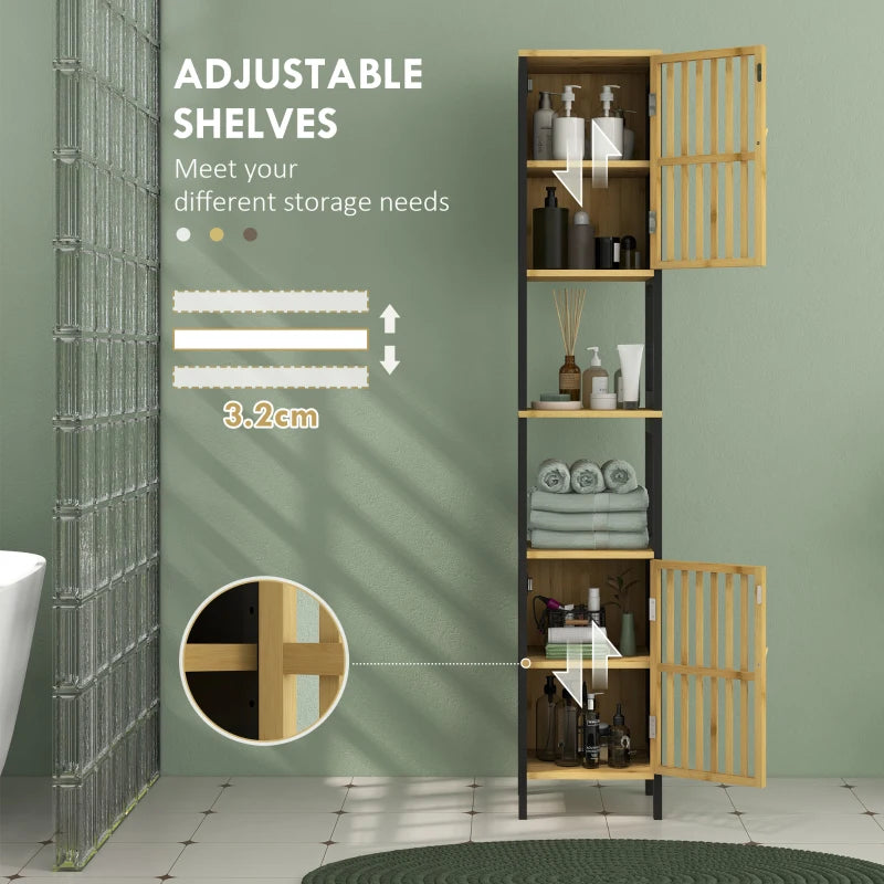 HOMCOM Bamboo-Blend Retro Cut-Out Tall Bathroom Storage Cabinet - ALL4U RETAILER LTD