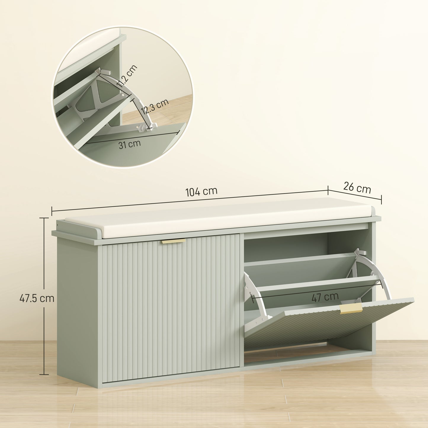 HOMCOM Green Elegant Ten Shoe Bench With Top Seat And Flip Drawer For Entryway Storage 240 Kg Capacity