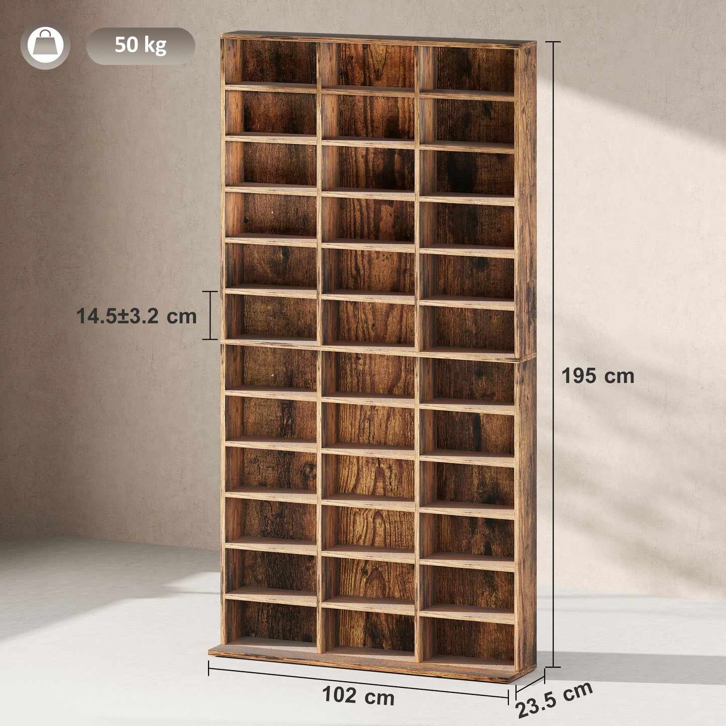 HOMCOM CD Storage Unit With Adjustable Shelves 102 By 195 Centimetres Rustic Brown Media Storage Cabinet