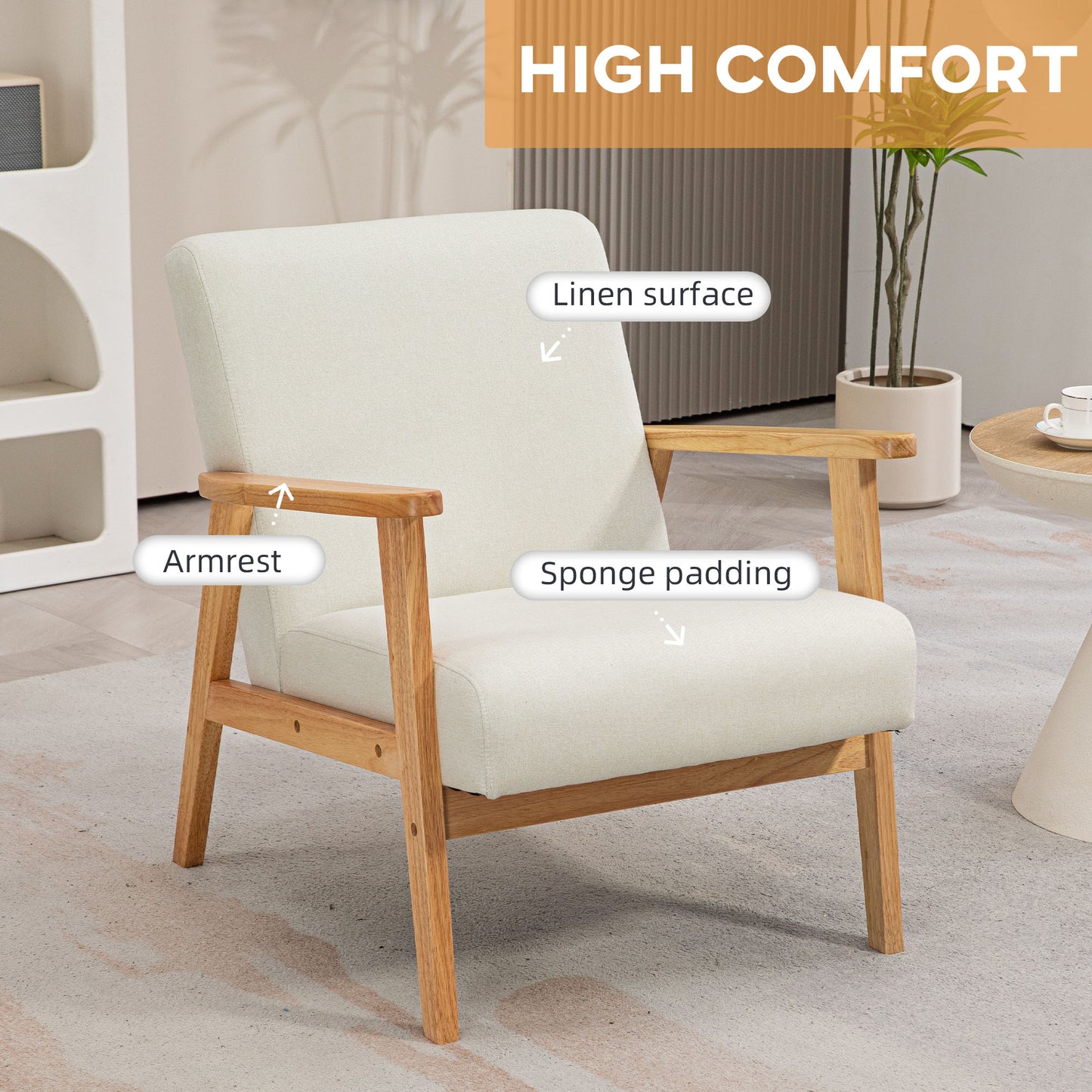 HOMCOM Retro Cream White Fabric Accent Chair with Rubber Wood Frame and Padded Cushion - ALL4U RETAILER LTD