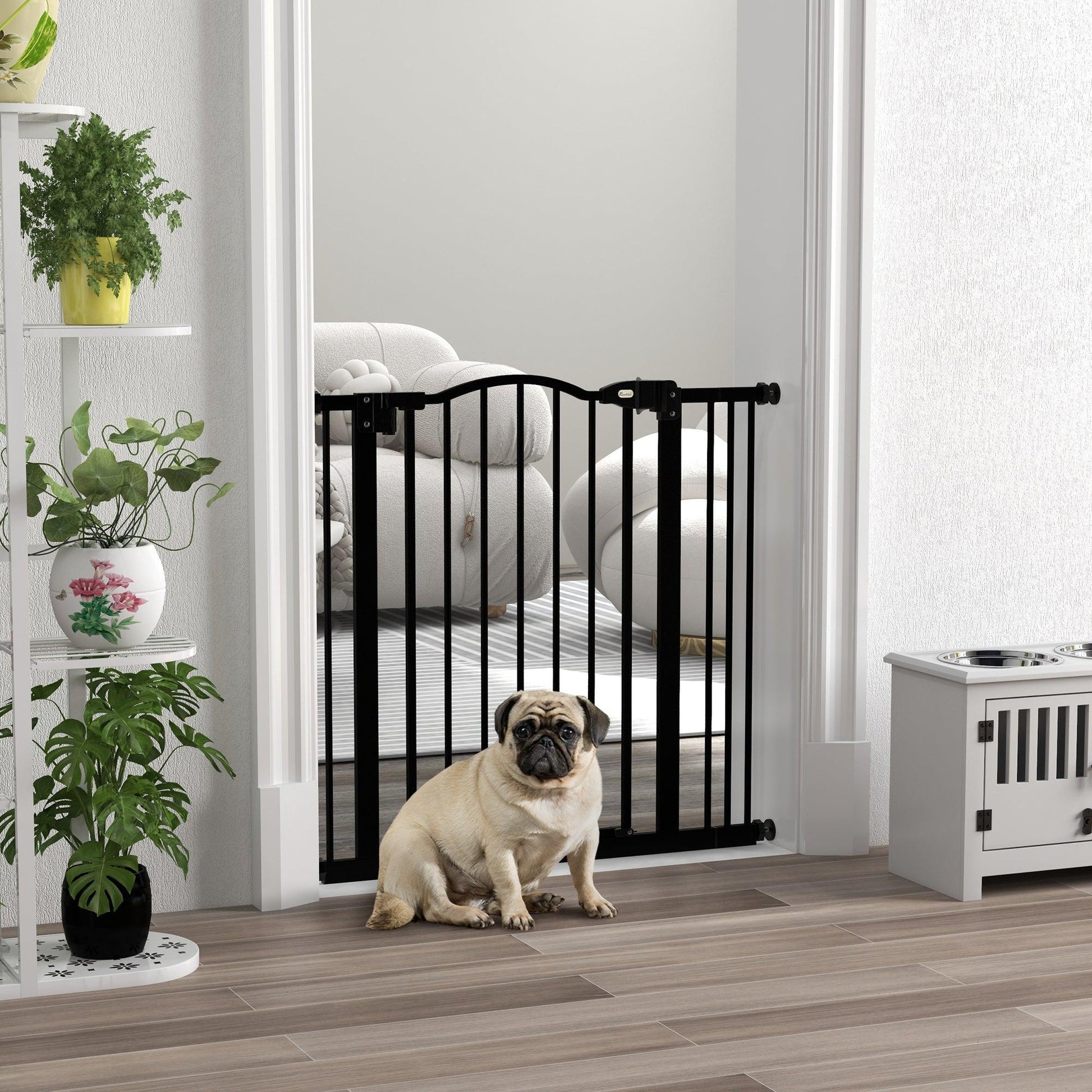 PawHut Metal 74-87cm Adjustable Pet Gate Safety Barrier w/ Auto-Close Door Black - ALL4U RETAILER LTD