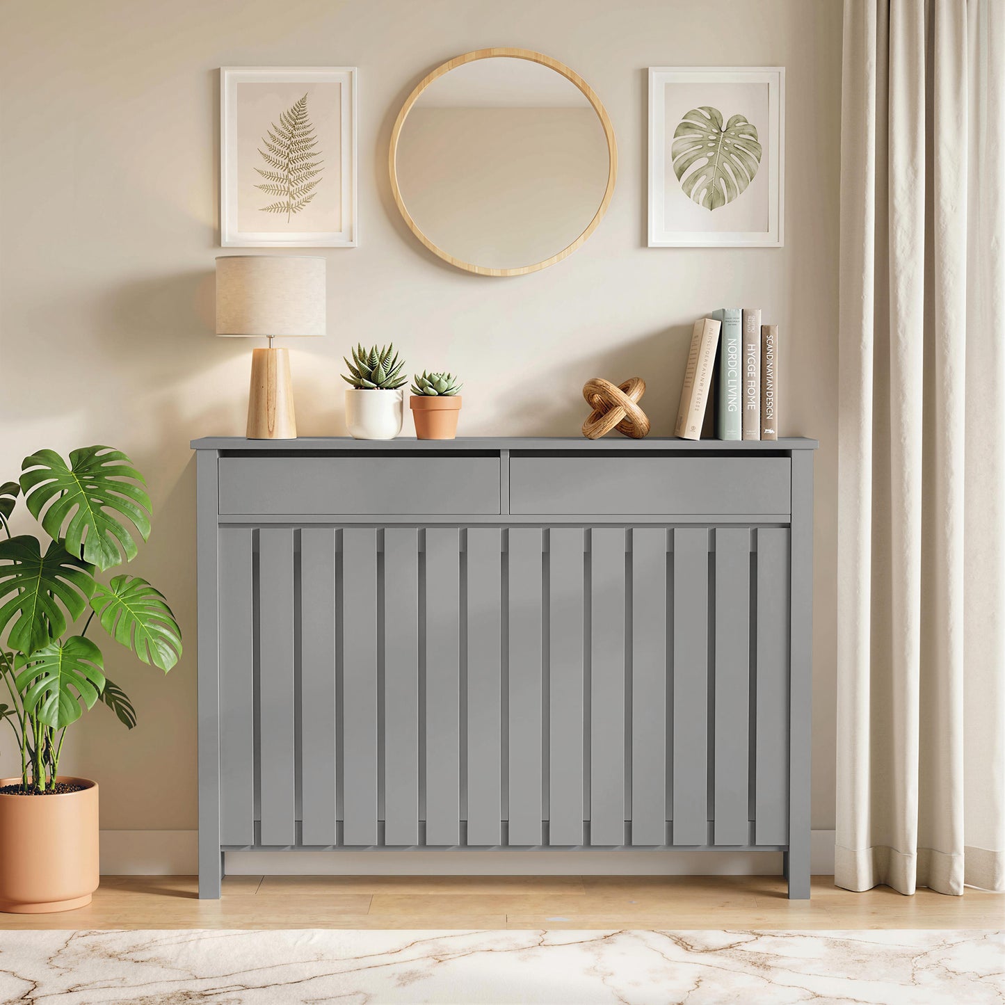 HOMCOM 93 x 119 Cm Modern Slim Radiator Cover Grey With Vertical Slats MDF Panel For Safe Heat Flow
