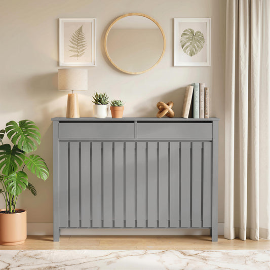 HOMCOM 93 x 119 Cm Modern Slim Radiator Cover Grey With Vertical Slats MDF Panel For Safe Heat Flow