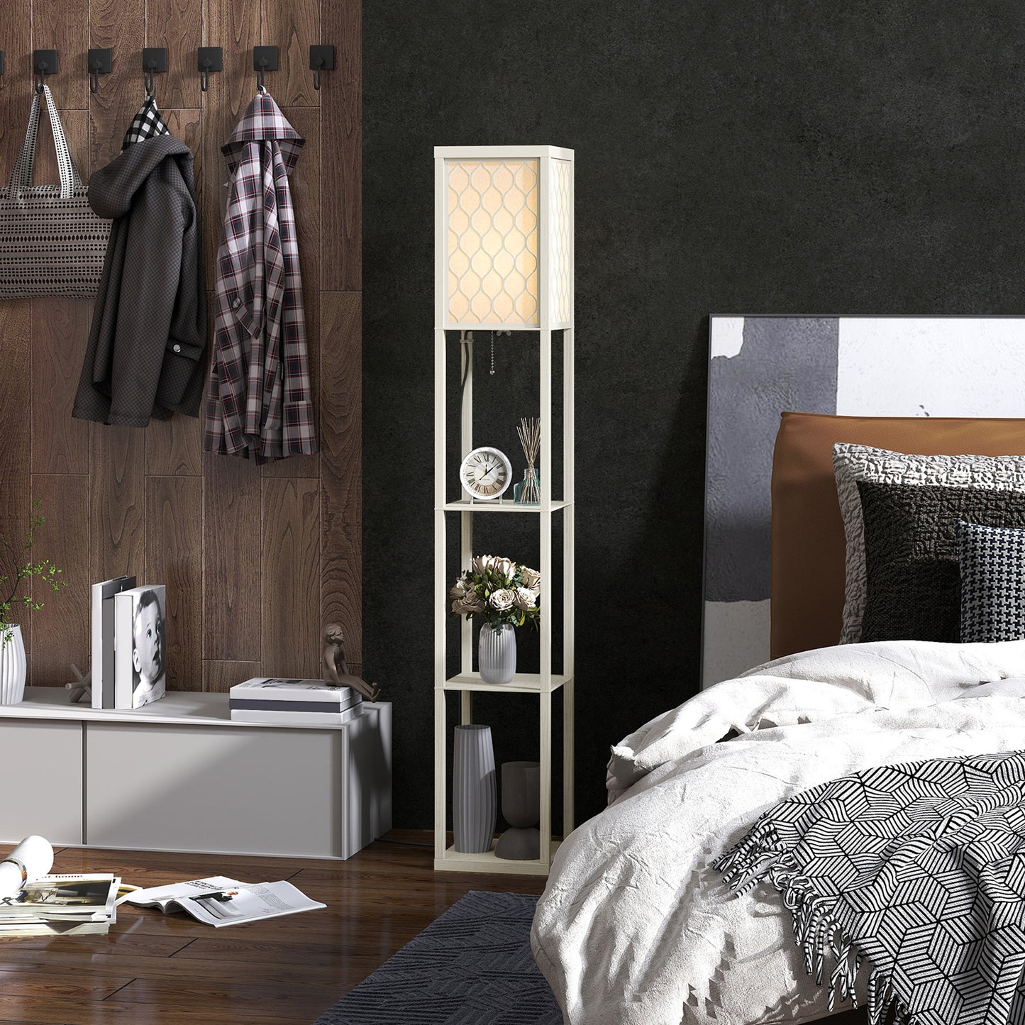 HOMCOM Three Shelf Standing Lamp Oak White With Storage Shelves And Reading Light For Living Room