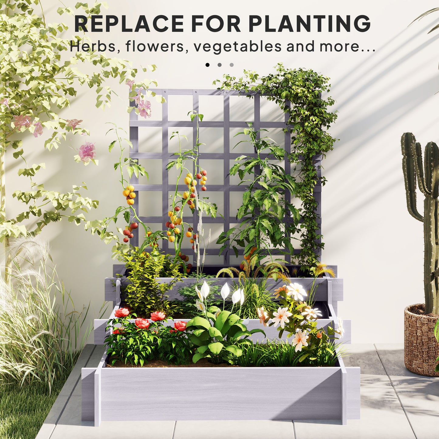 Outsunny 3 Tier Garden Planters with Trellis for Vine Climbing Wooden Raised Beds 95x95x110cm Grey Outdoor
