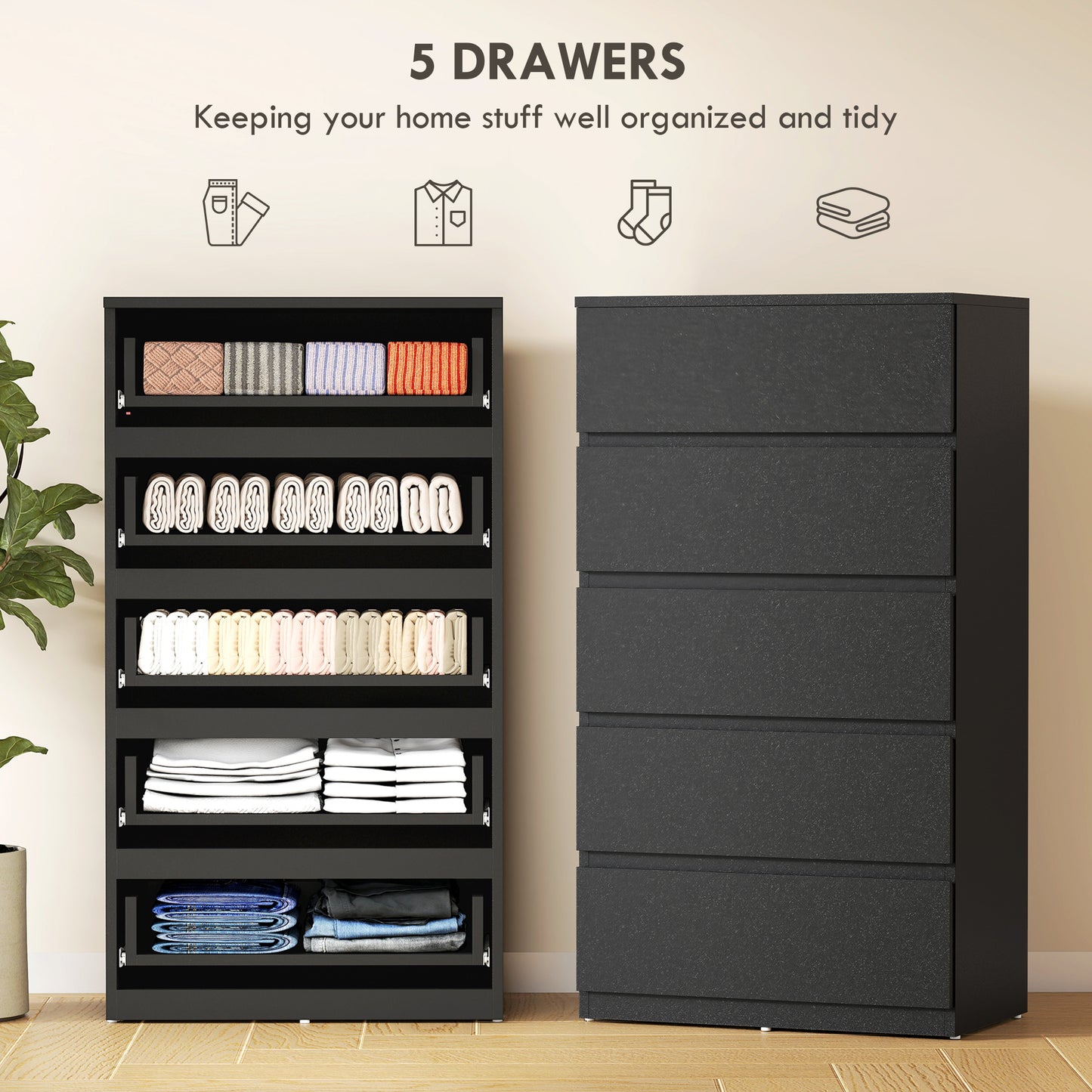 HOMCOM Five Drawer Chest Modern Dresser For Bedroom Storage And Space Saving Organization