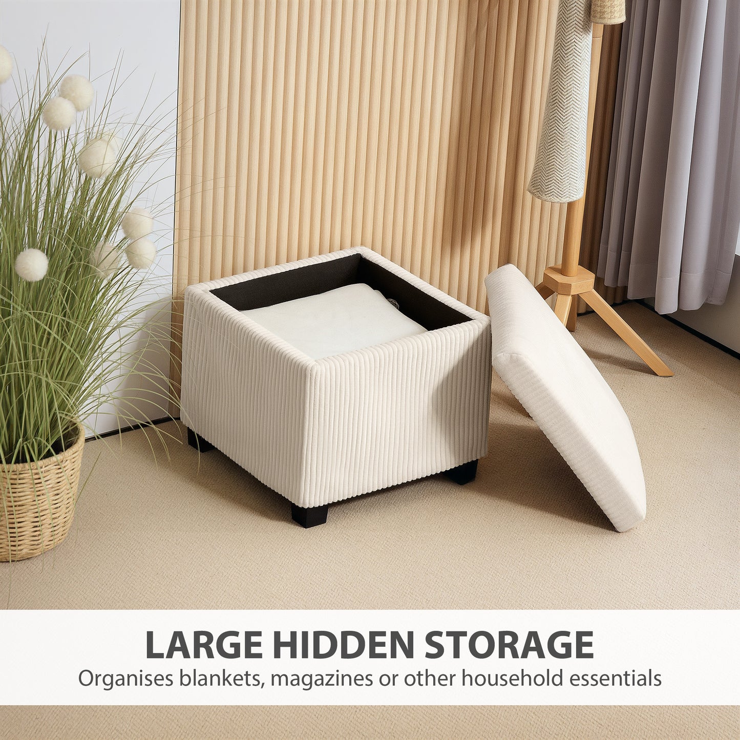 HOMCOM Corduroy Storage Ottoman Bench With Wooden Legs 30L Chest Box 40cm Bed End Bench For Living Room Entryway Beige