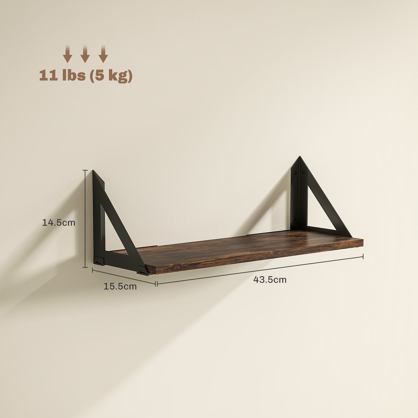 HOMCOM Set Of 3 Rustic Brown Wall Mounted Floating Shelves 43cm Vintage Living Room Entryway Bedroom