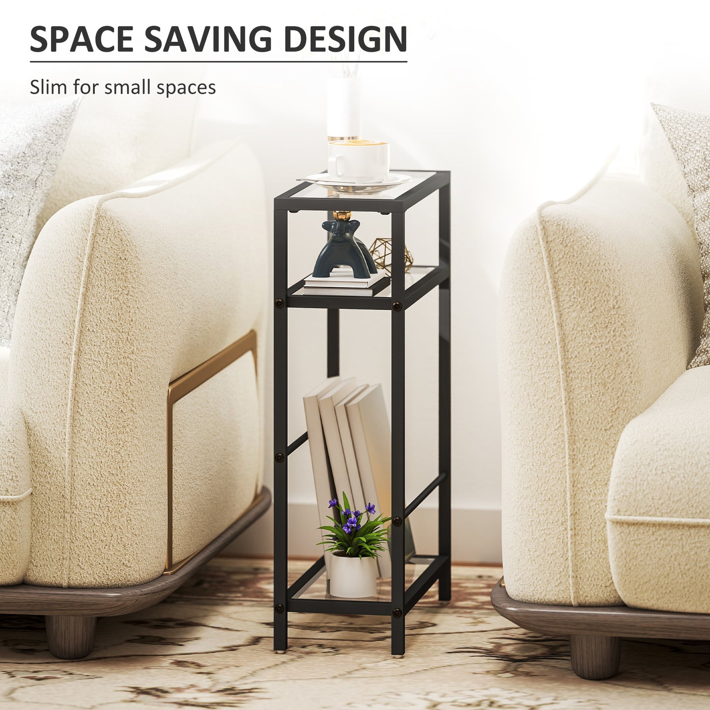 HOMCOM Three Tier Side Table With Tempered Glass Top And Storage Shelf For Small Spaces Black