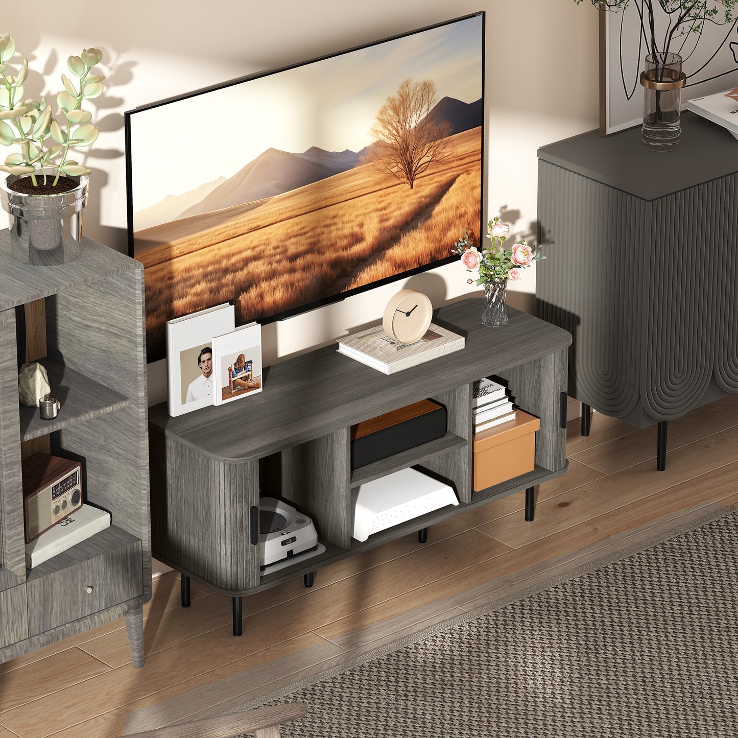 HOMCOM TV Stand Cabinet For 55 Inch TVs With Open Shelves And Two Tambour Door Cupboards Grey
