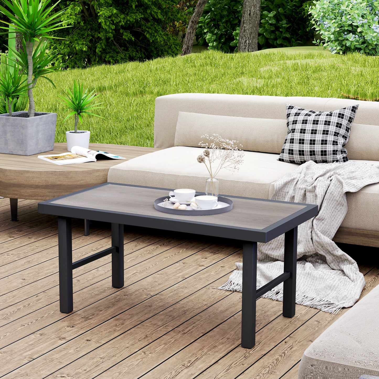 Outsunny Metal Garden Coffee Table With SPC Woodgrain Tabletop For Outdoor Garden Balcony Porch 100 X 53 X 46 cm Grey