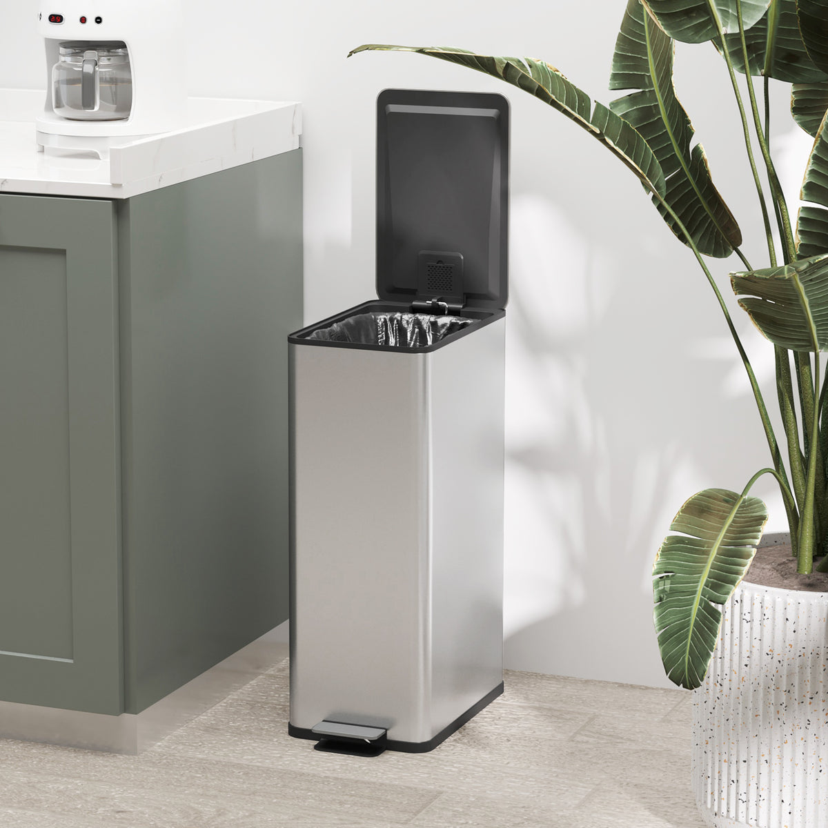Stainless steel pedal trash can with soft-close lid and removable inner bucket