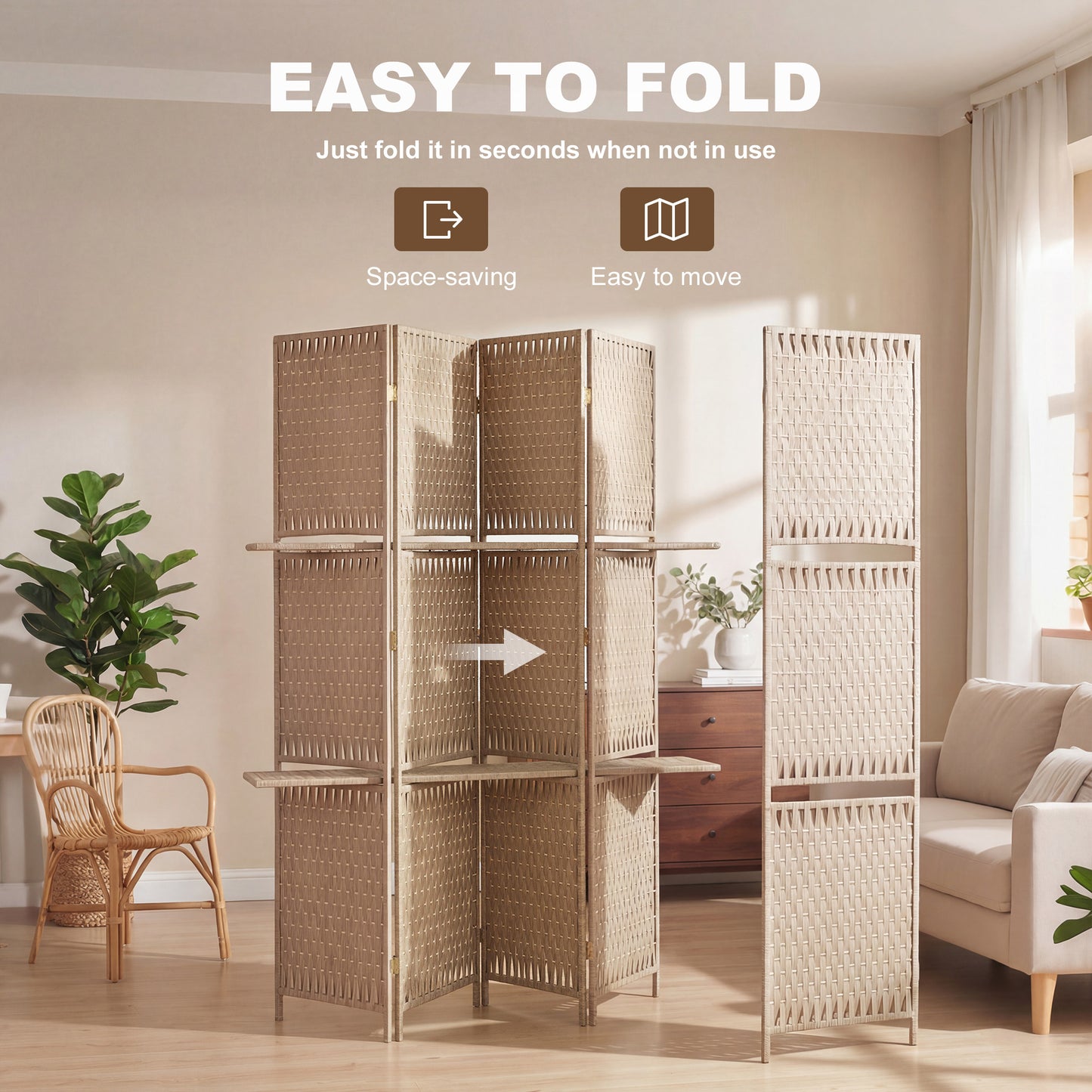 HOMCOM Wave Fibre Freestanding Folding Privacy Screen Panels Room Divider With Shelves Natural Wood Finish
