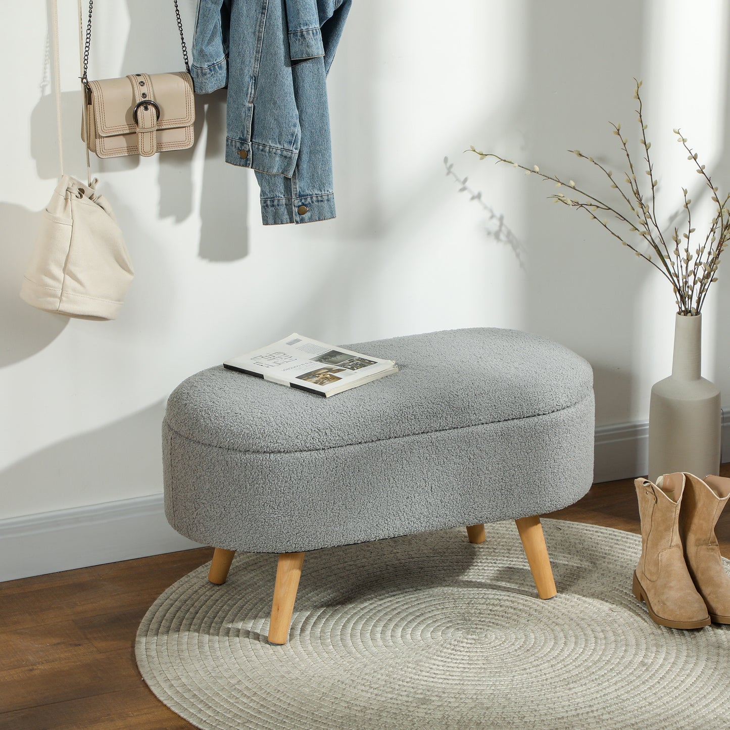HOMCOM Teddy Fleece Storage Ottoman Grey With Inner Storage Space 72 x 32 cm Padded Seat And Pine Wood Legs