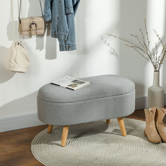 HOMCOM Teddy Fleece Storage Ottoman Grey With Inner Storage Space 72 x 32 cm Padded Seat And Pine Wood Legs