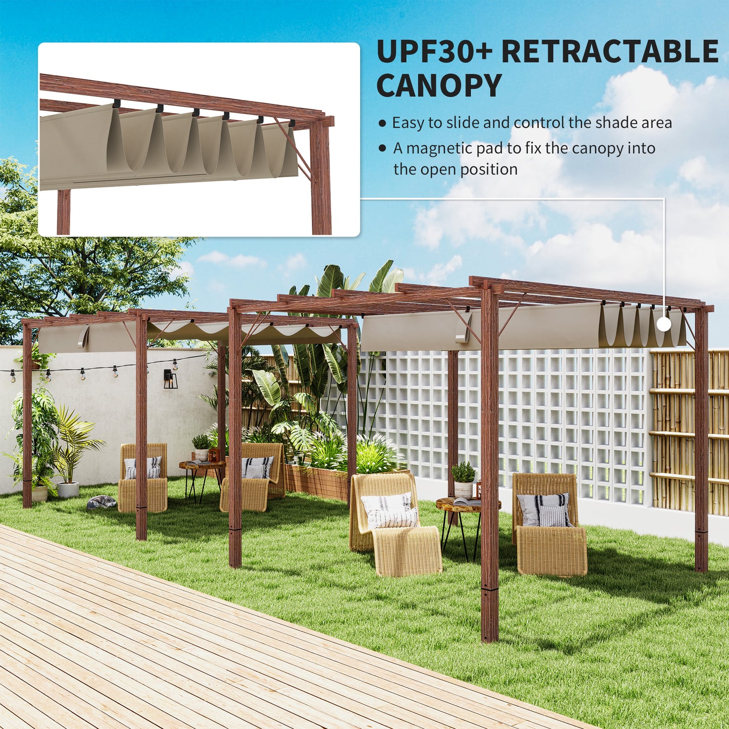 Outsunny 3 x 3 m Retractable Roof Pergola With Aluminum Frame And Natural Wood Finish