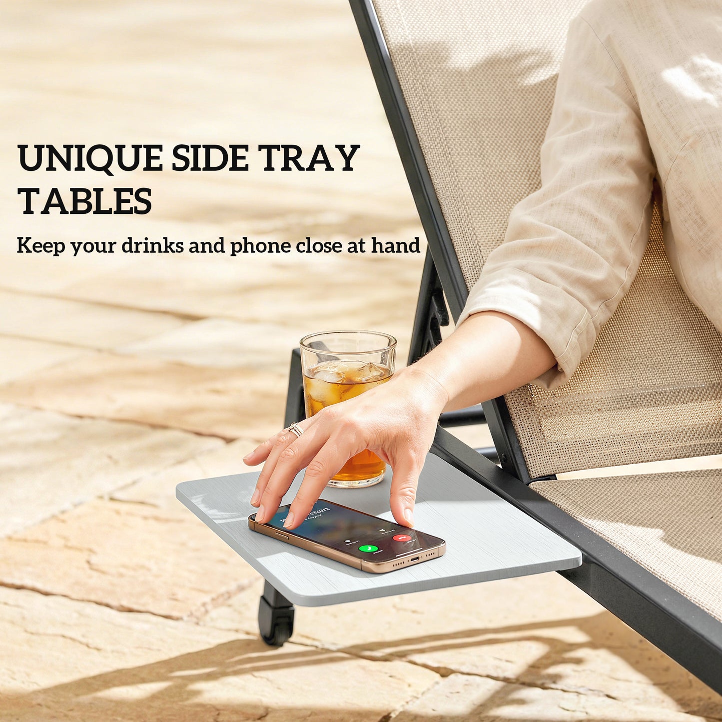 Outsunny Garden Sun Loungers Set Of Two With Side Tray Table And Five Position Adjustable Backrest With Wheels In Khaki