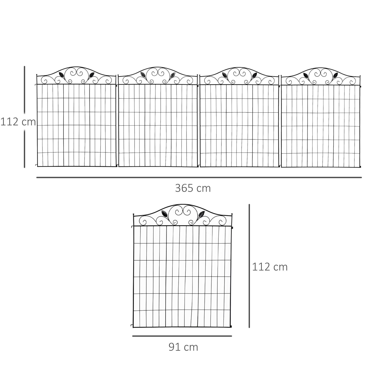 Outsunny Set Of 2 Decorative Garden Fence Panels 8 Panel Metal Picket Fence For Patio And Lawn 365cm By 112cm Black