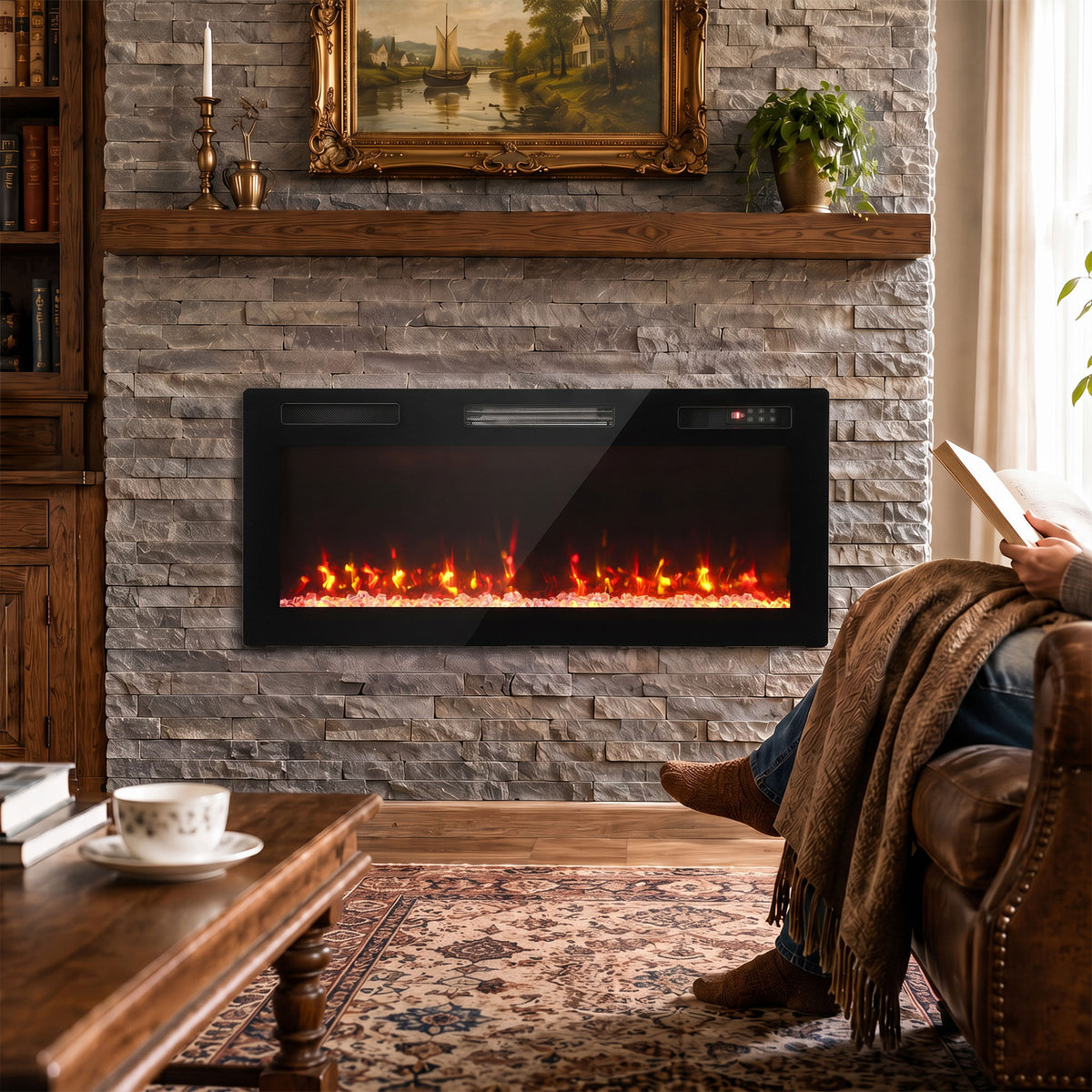Wall-mounted electric fireplace with black bezel and glowing LED flame viewing window