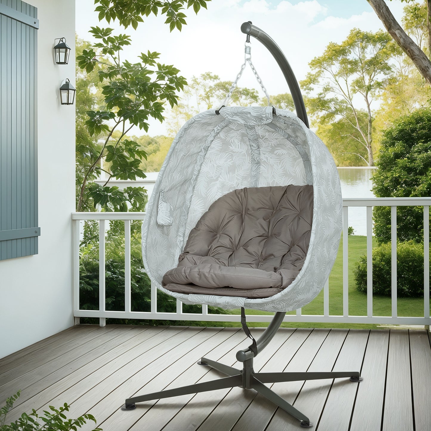 Outsunny Hanging Egg Chair With Stand And Folding Basket Thickened Cushion Cup Holder Sand Brown Patio Balcony Garden