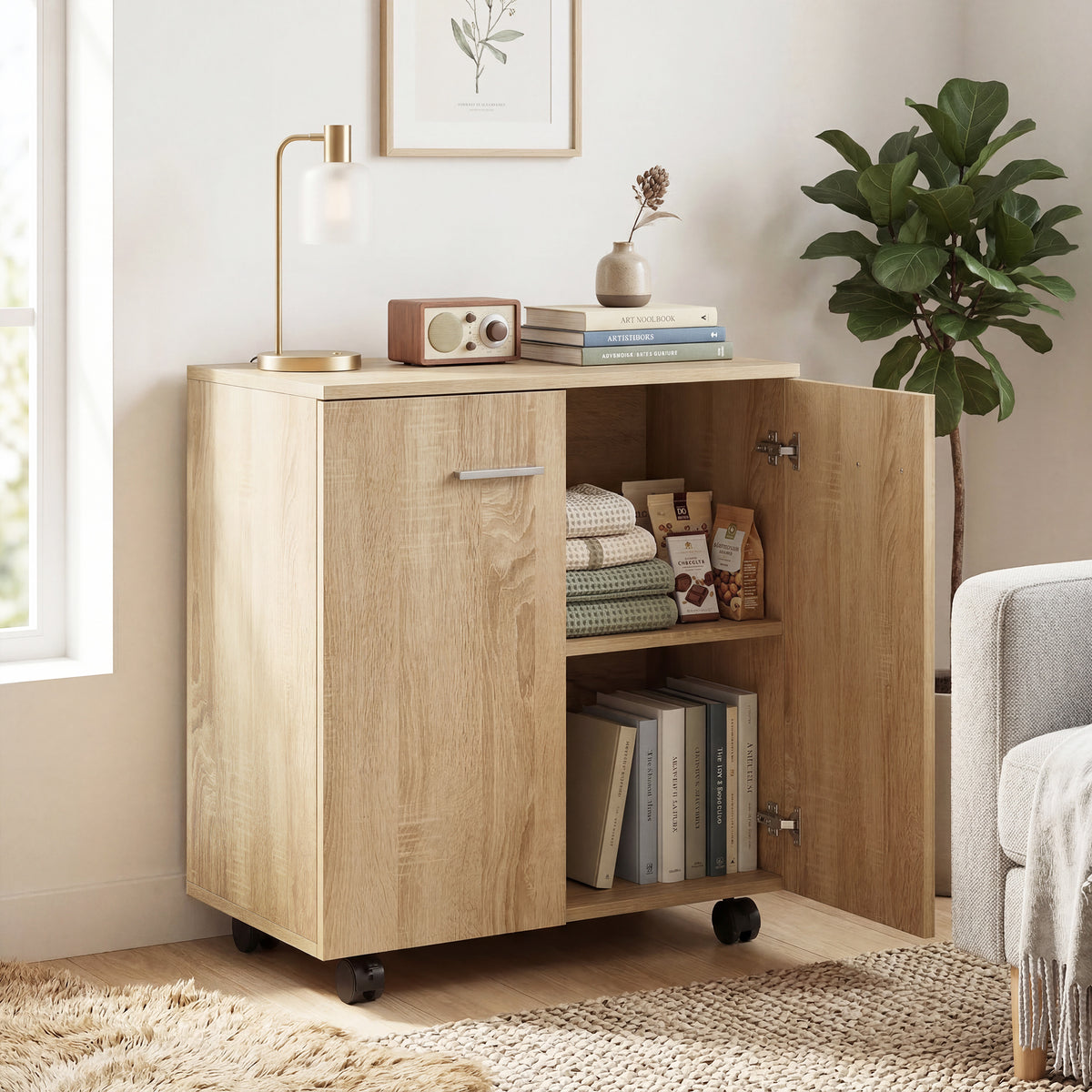 Mobile sideboard cabinet with one door open, revealing shelves and interior storage