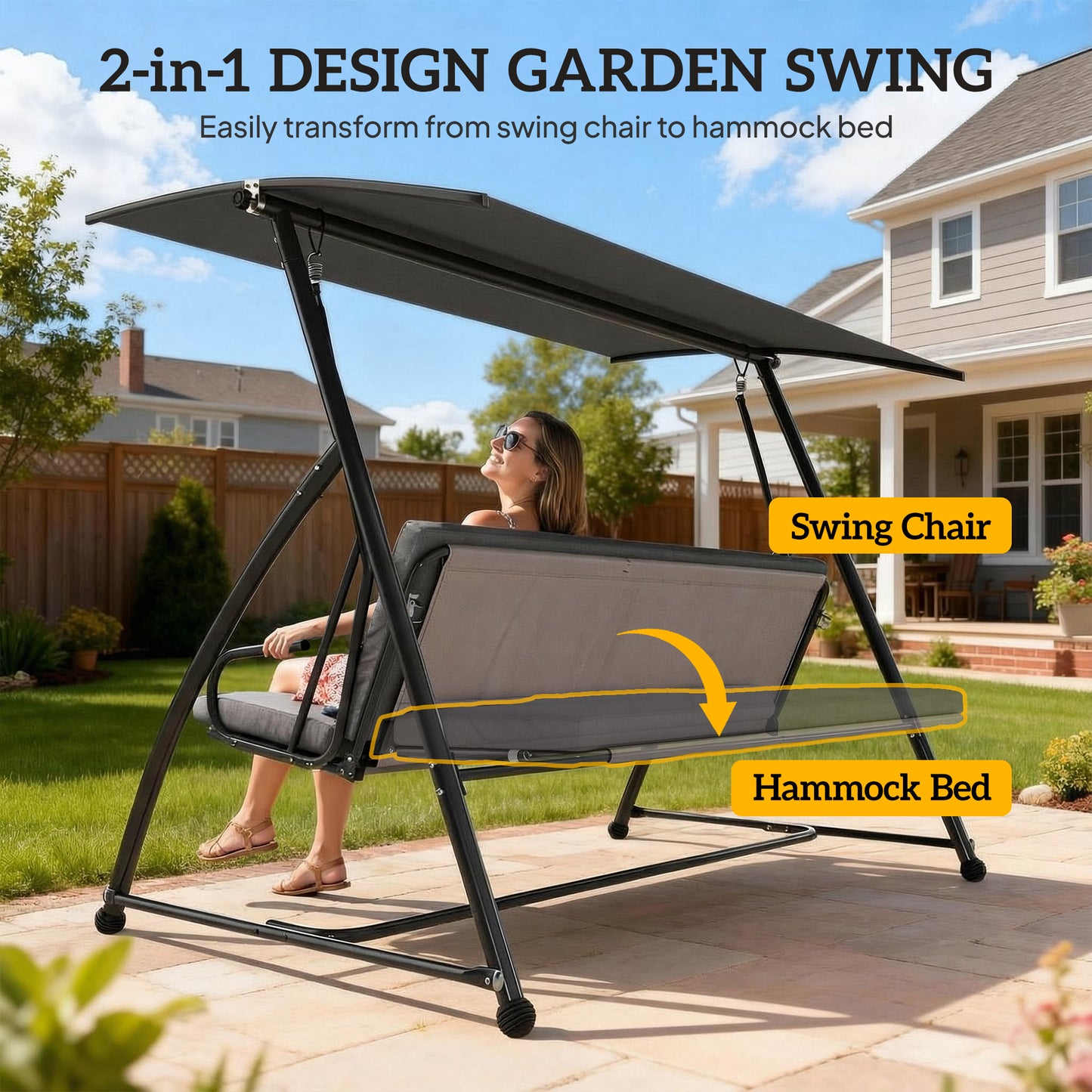 Outsunny Outdoor 2 In 1 Swing Chair Lounger 3 Seater Garden Swing Bed Convertible With Canopy Cushion Dark Grey