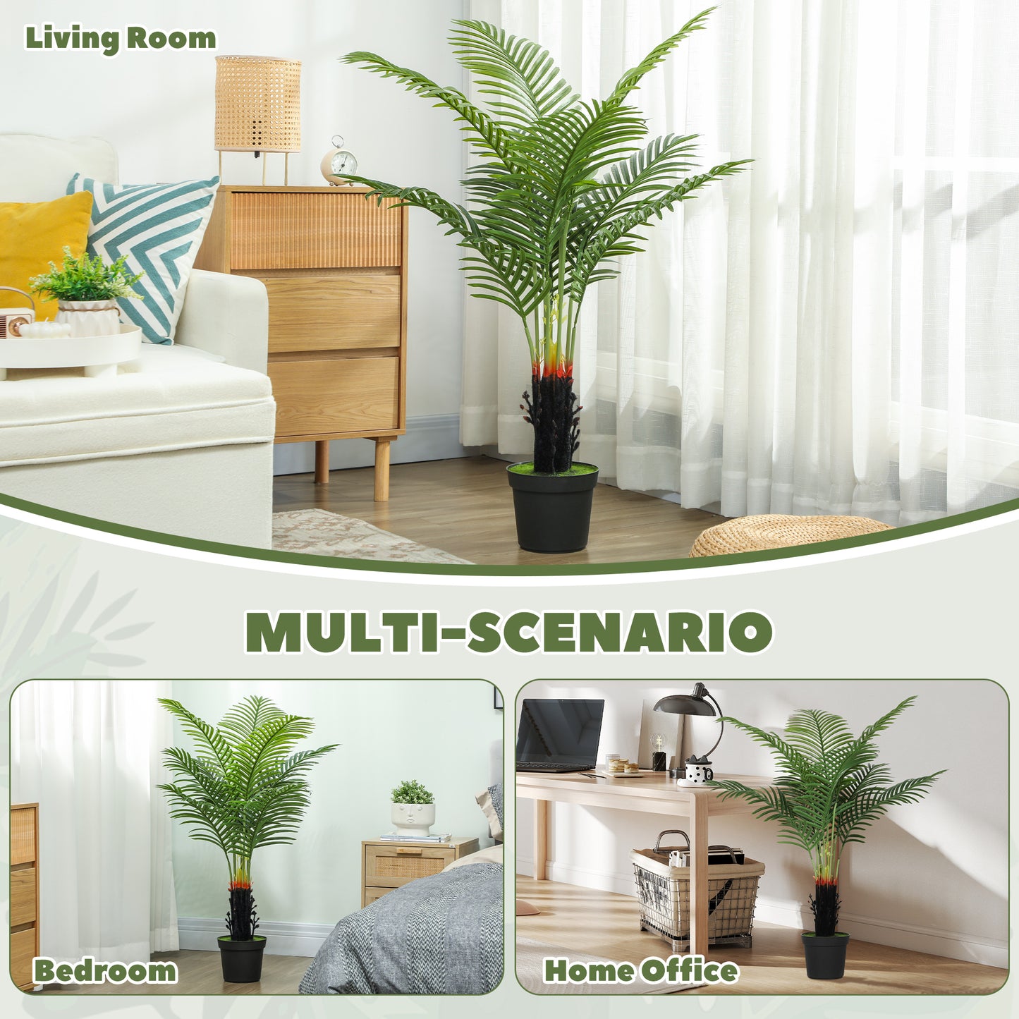 HOMCOM 120cm Artificial Areca Palm Tree With 9 PE Leaves Plastic Pot Flocked Soil Decorative Plant Home Office Green