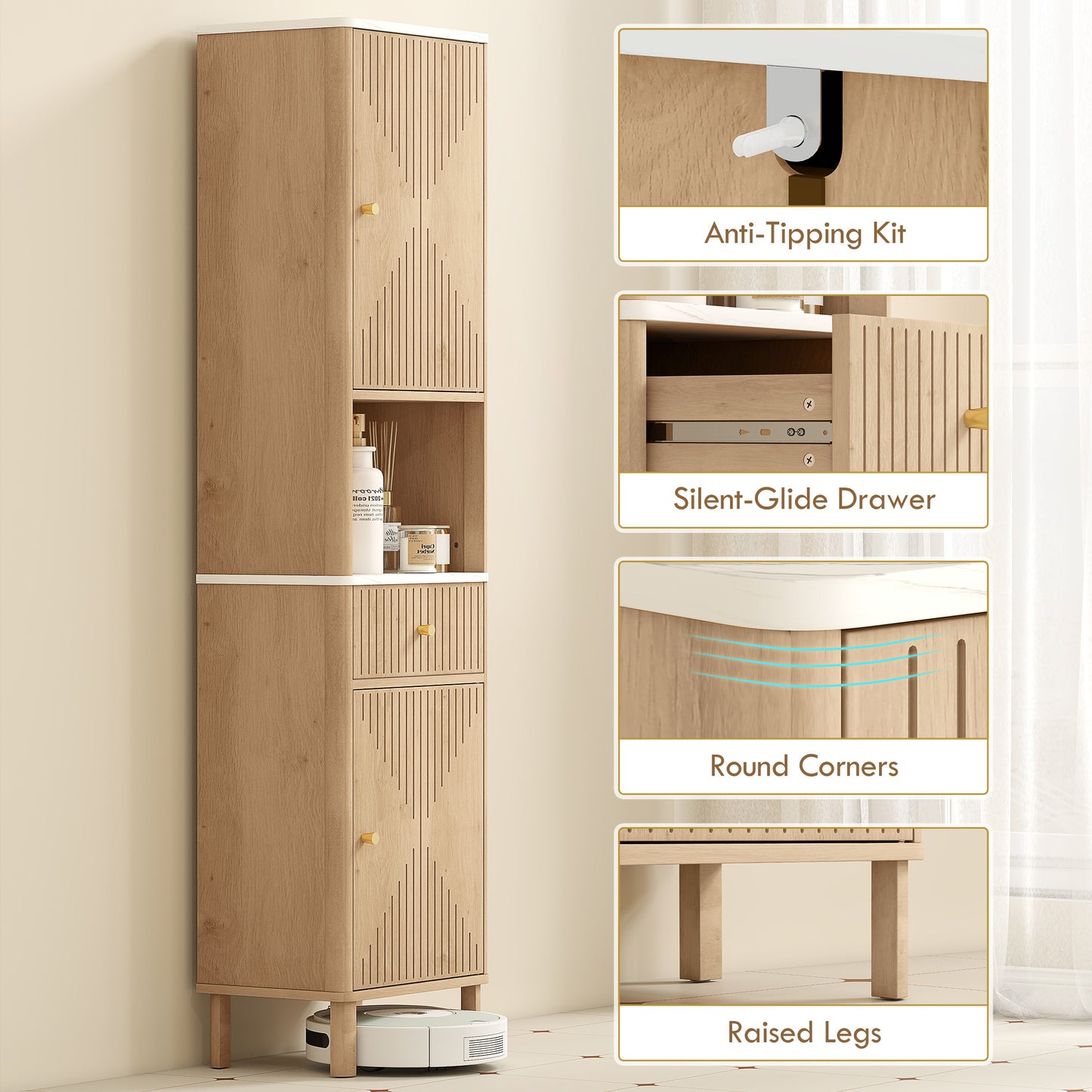 HOMCOM Slim Bathroom Cabinet With Silent Drawer Rail In Wood Finish For Scandinavian Japanese Adjustable Shelves