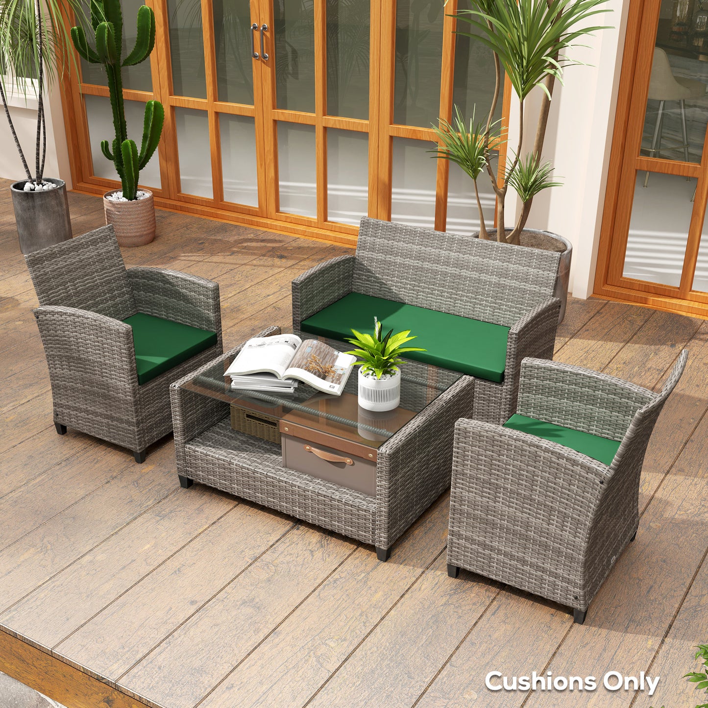 Outsunny Outdoor Seat Cushion Pads For Rattan Furniture 3 Piece Set Green Replacement Cushions