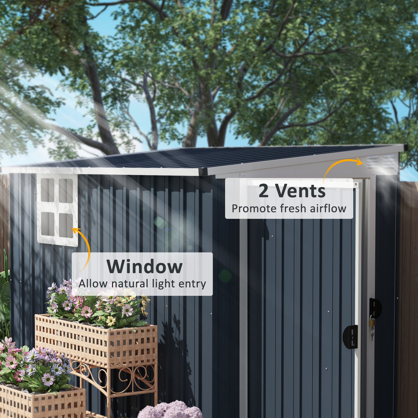 Outsunny 7.6 x 4ft Garden Metal Shed With Window 2 Vents Lockable Door Outdoor Storage for Garden Patio Dark Grey