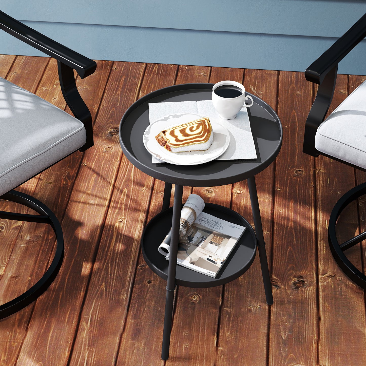 Outsunny Two Tier Round Metal Garden Table Outdoor Indoor Weather Resistant Black Finish