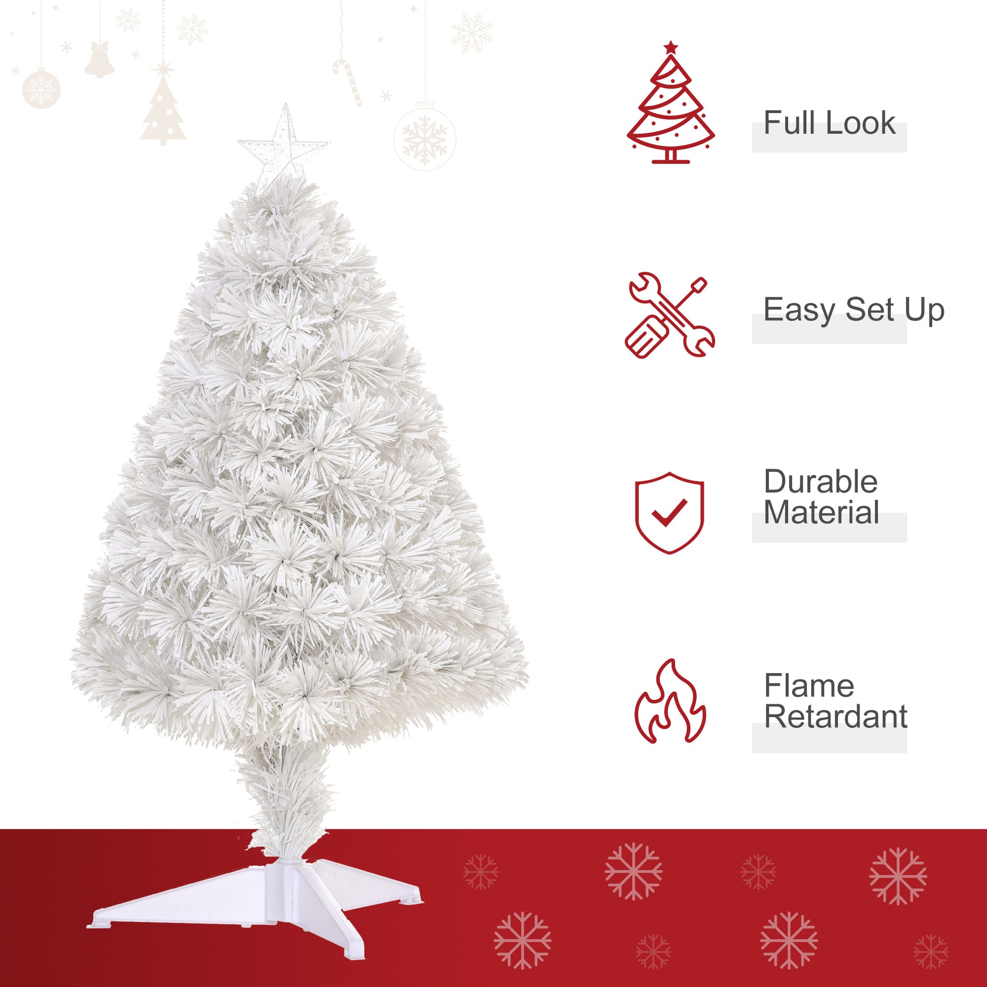 HOMCOM Mini White Prelit Christmas Tree with Fibre Optic Lights - 2.5FT Tabletop Holiday Decor - ALL4U RETAILER LTD