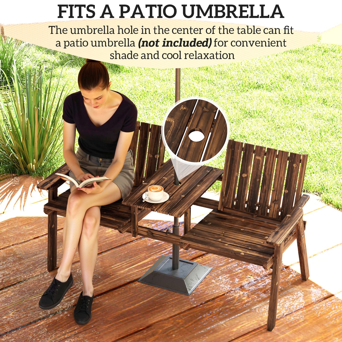Outsunny 2-Seater Garden Loveseat With Table And Parasol Hole For Porch And Patio Carbonised Finish