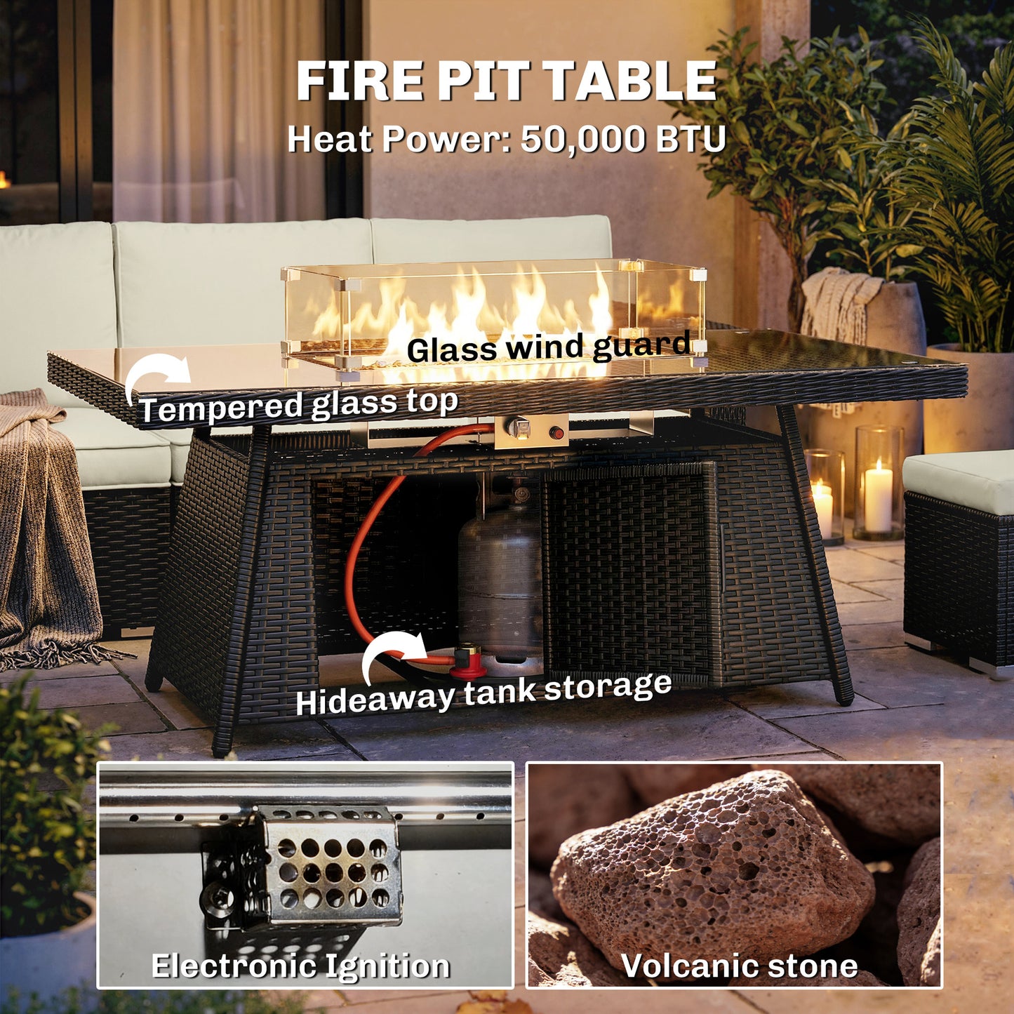 Outsunny 7 Piece PE Rattan Garden Furniture Set With 50,000 BTU Gas Fire Pit Table Double Corner Sofa And 3 Footstools