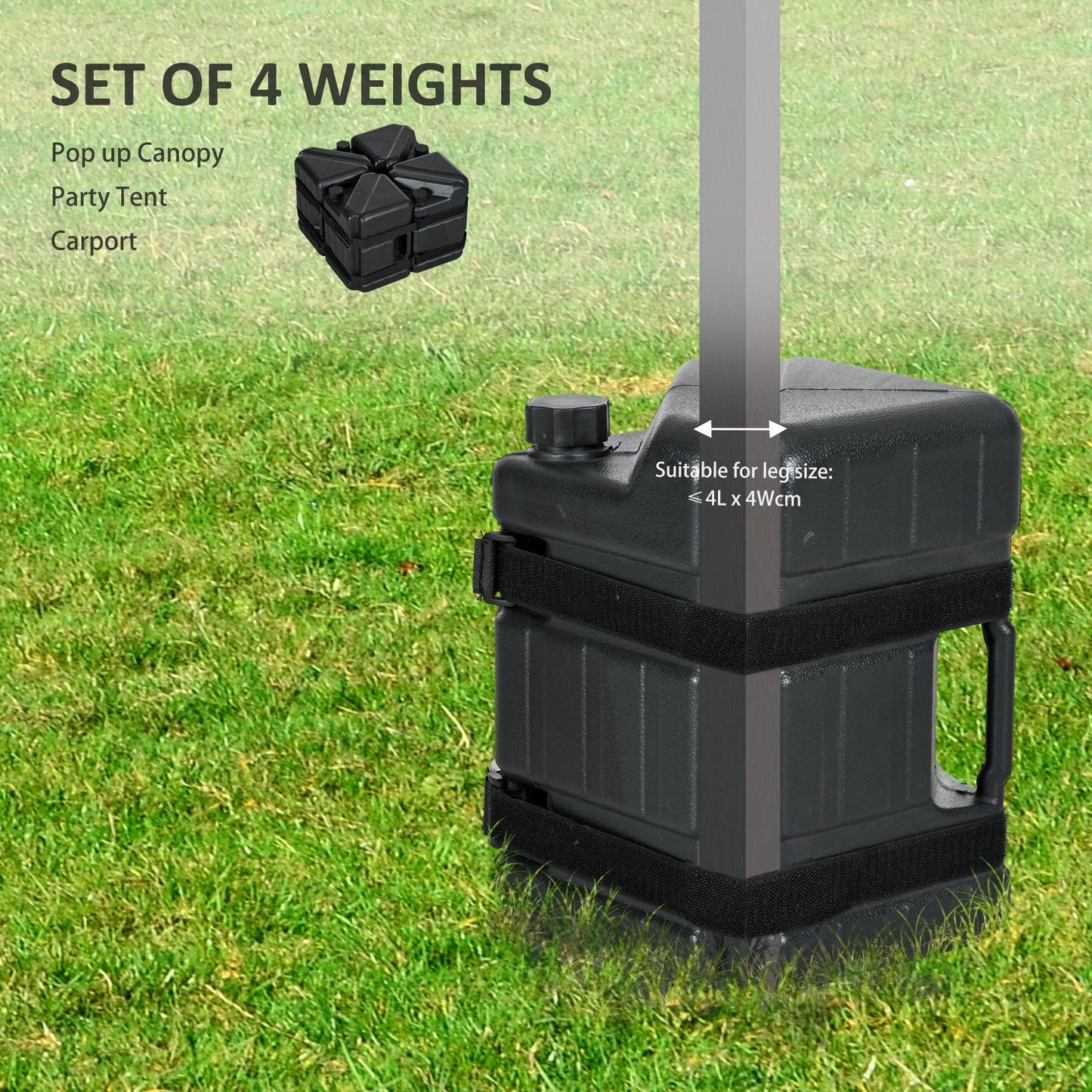 Outsunny HDPE Gazebo Weights Set of 4, Water or Sand Filled Weights for Gazebo Legs, with Built-in Handles and Secure Straps - ALL4U RETAILER LTD