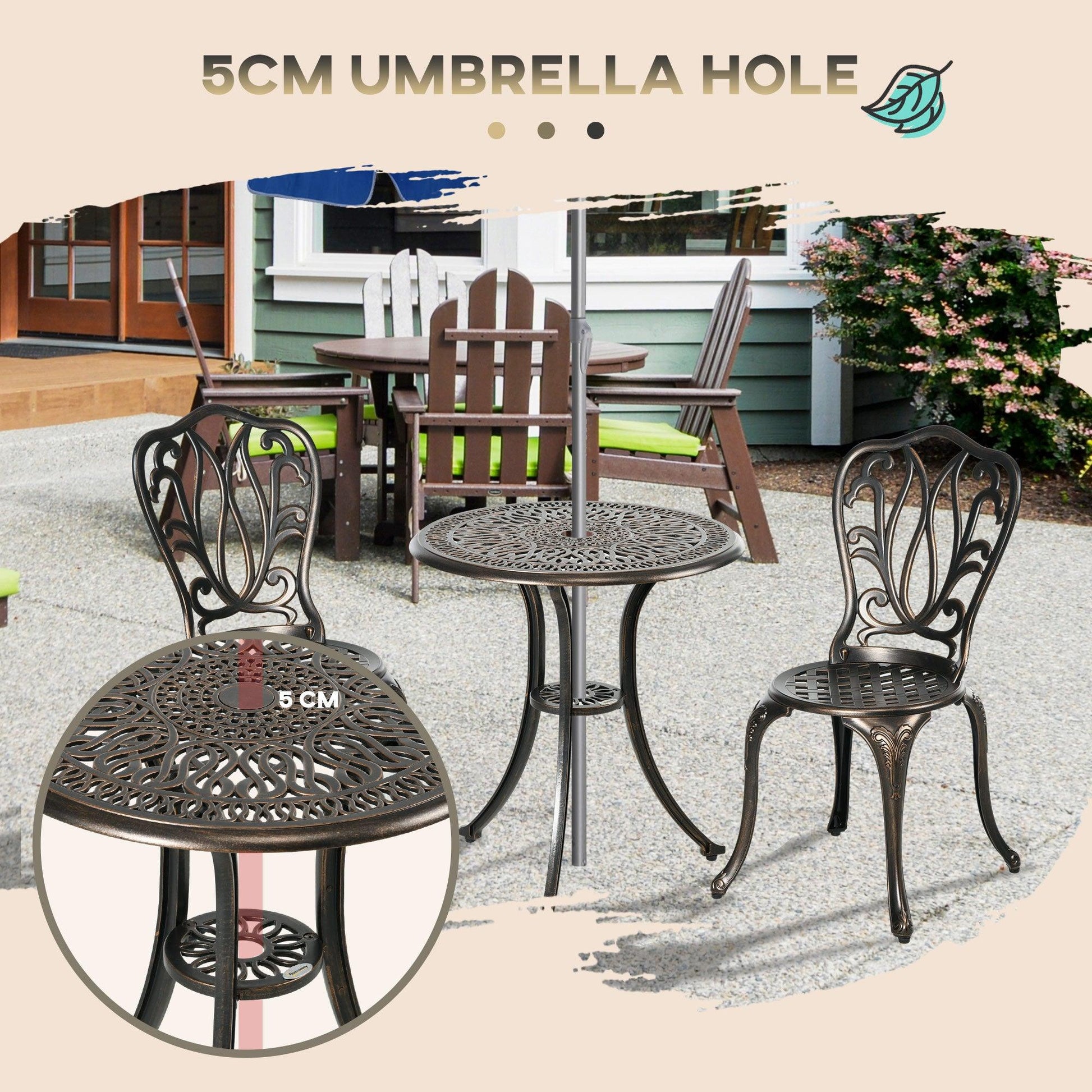 Outsunny 3 Piece Garden Bistro Set Aluminium Outdoor Furniture Set for 2 Patio Chairs and Table with Umbrella Hole Bronze Tone - ALL4U RETAILER LTD