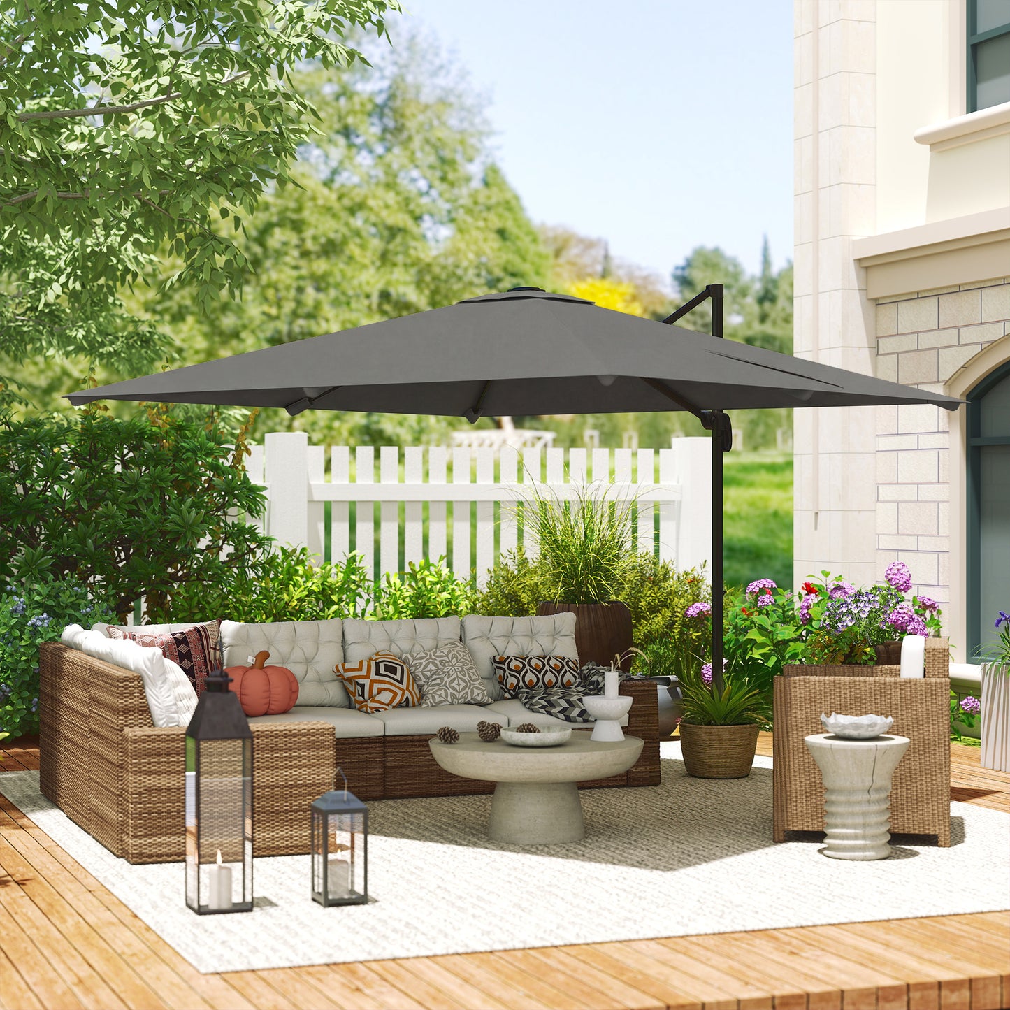 Outsunny 3m Cantilever Parasol Square Patio Umbrella With Crank, Cross Base, Tilt And 360 Degree Rotation, Dark Grey