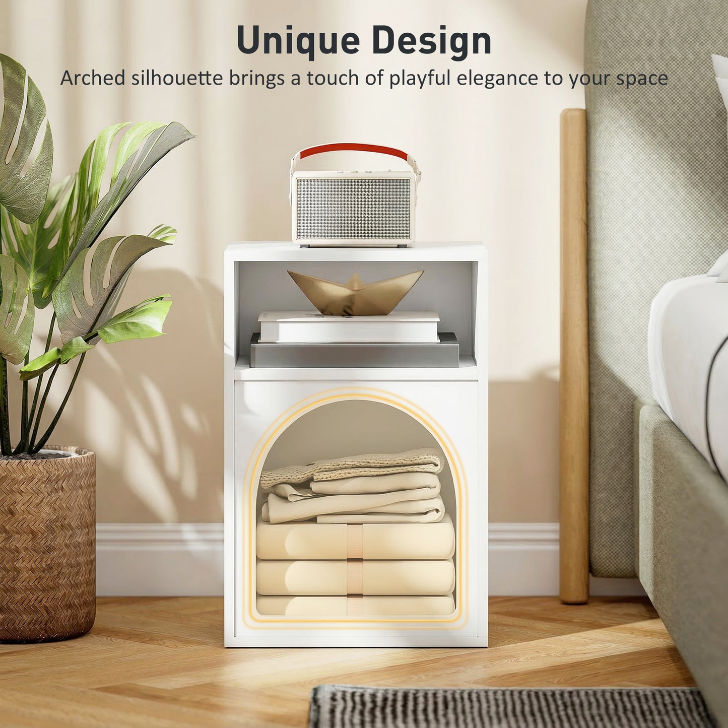 HOMCOM Bedside Table With Arch Design And Two Open Compartments In White For Cozy Storage And End Table Use
