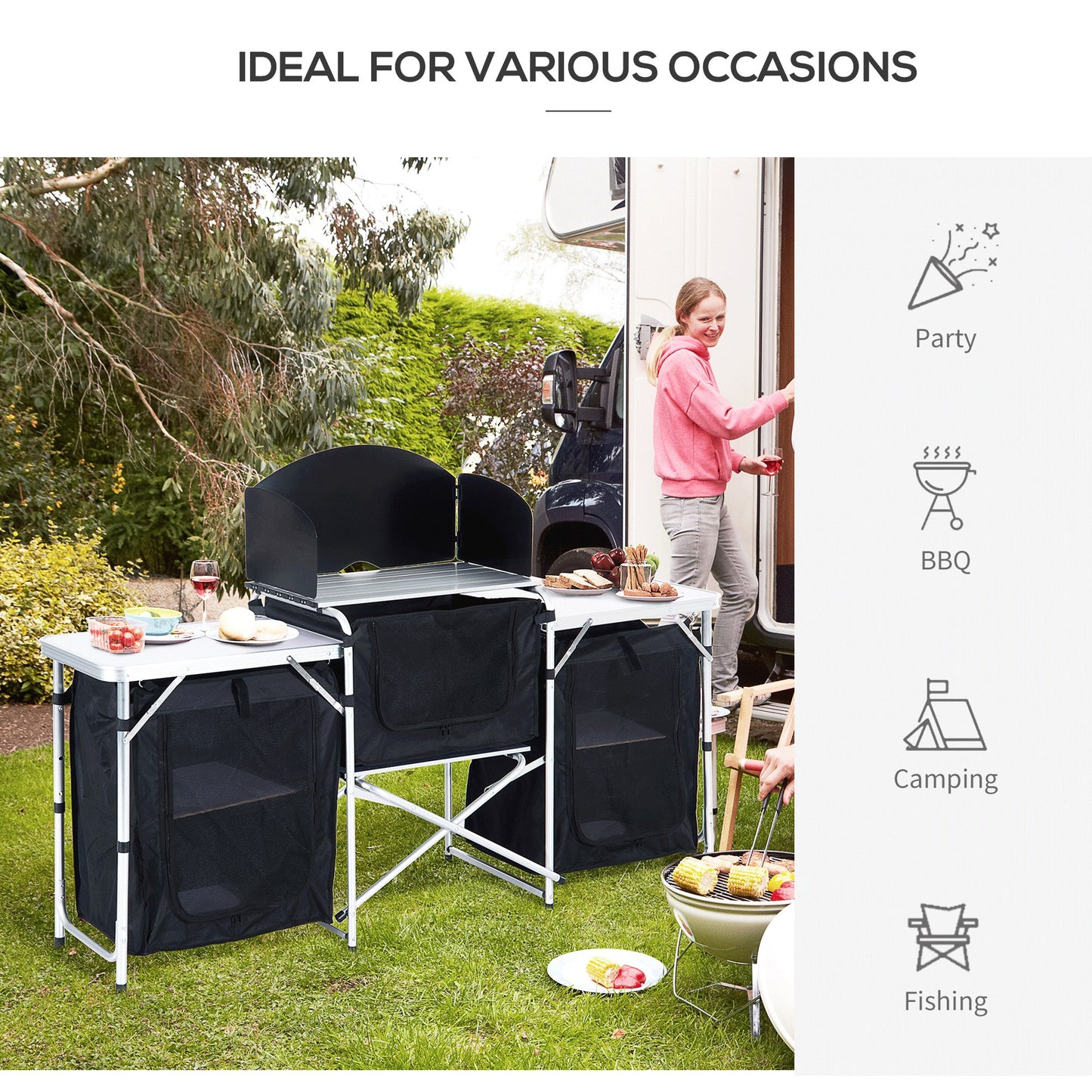 Outsunny Versatile Portable Folding Outdoor Kitchen Table with Windscreen and Ample Storage for Camping, BBQs, and Picnics - ALL4U RETAILER LTD