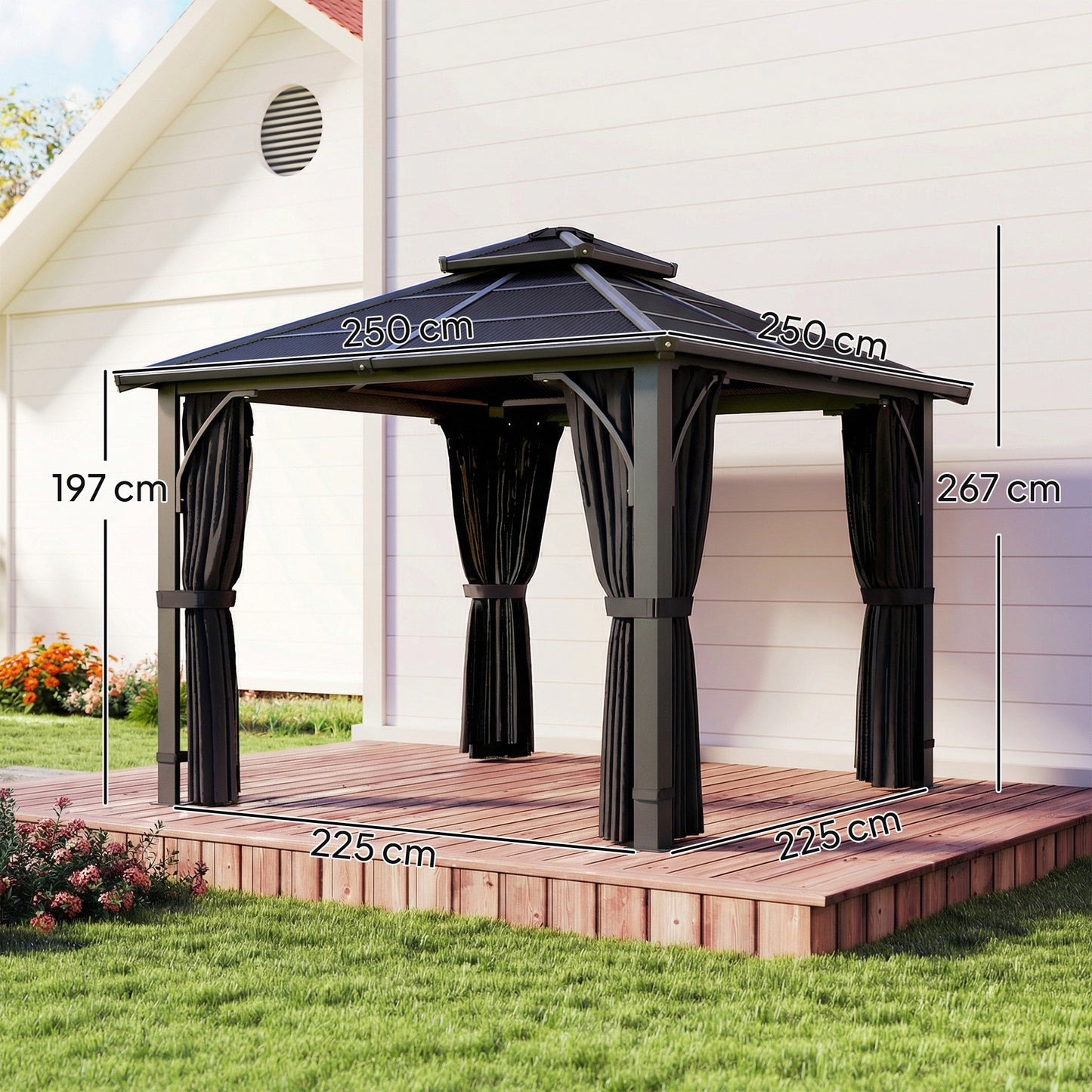 Outsunny 2.5 x 2.5 m Hardtop Gazebo With 7mm Polycarbonate Roof Netting Curtains Dark Grey