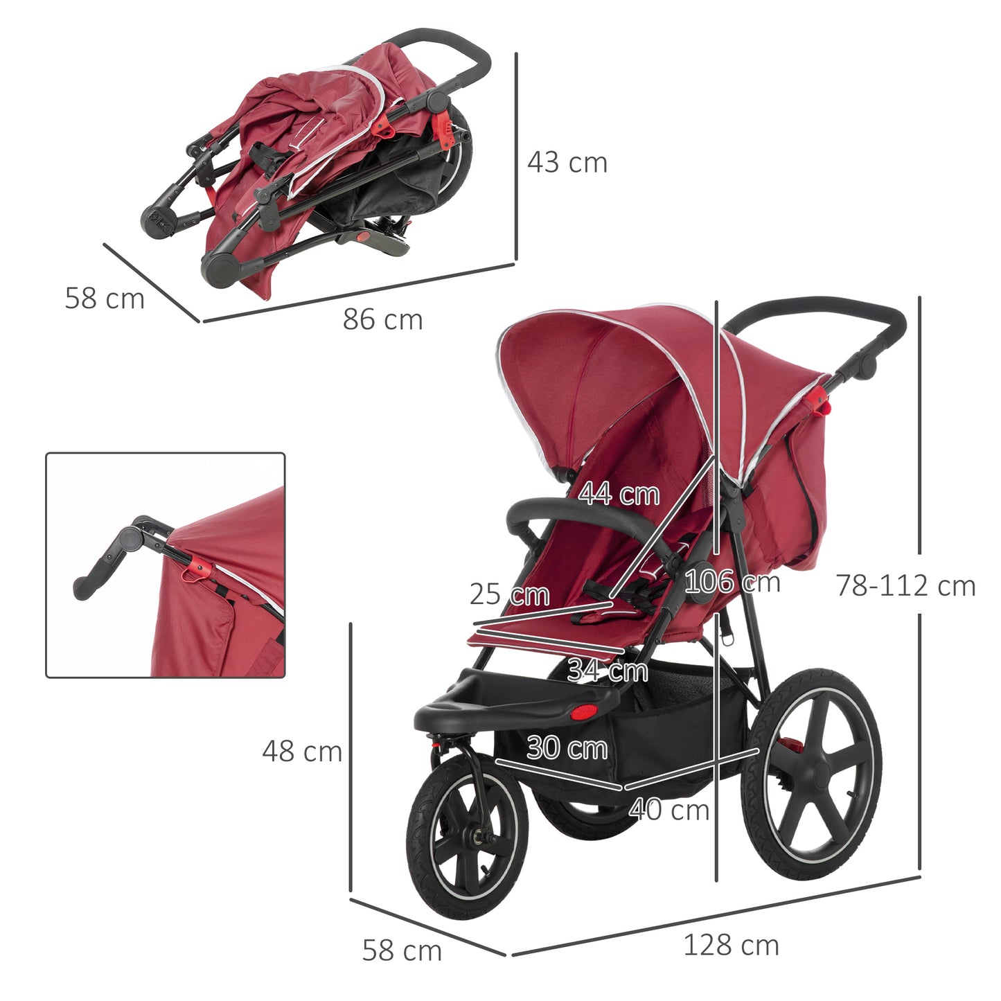 HOMCOM Compact Tri-Wheel Baby Stroller with Adjustable Canopy and Storage Basket, Lightweight Design, Red - ALL4U RETAILER LTD