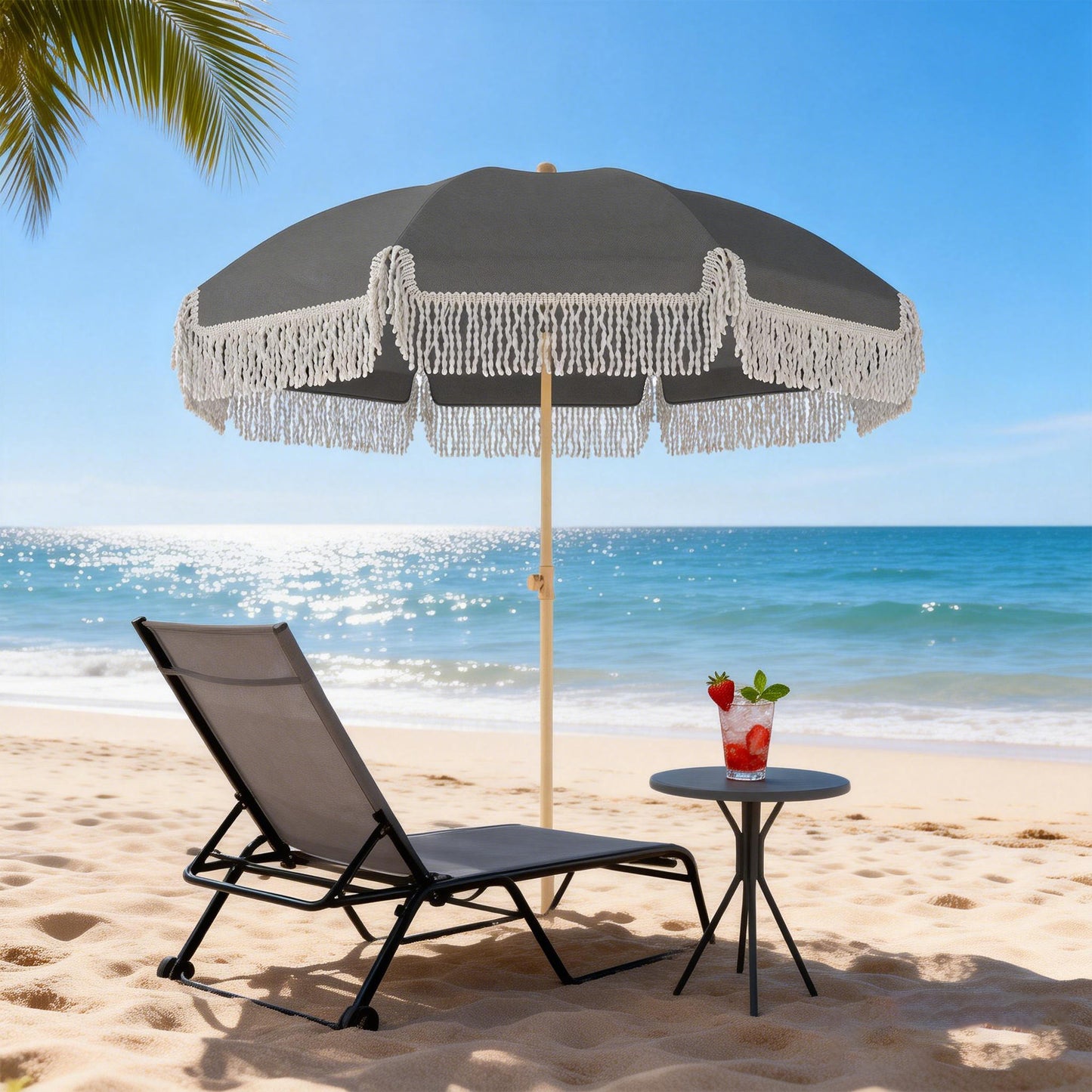 Outsunny 1.7 m Beach Umbrella With Sand Anchor And 30 Degree Tilt Adjustable Height Fringed Parasol Grey