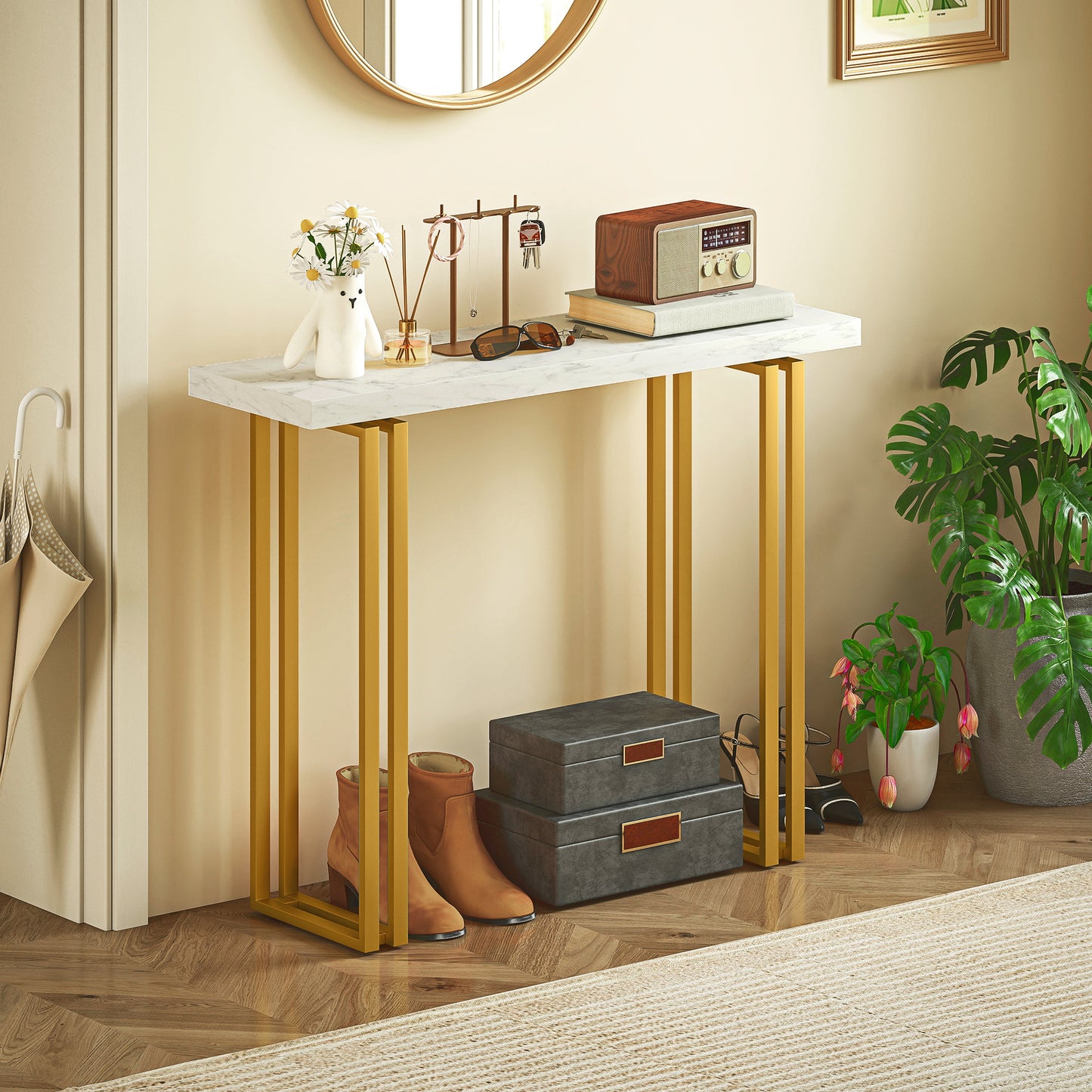 HOMCOM 100 cm Console Table With Faux Marble Top Narrow Entryway Table Anti-Tipping Device White